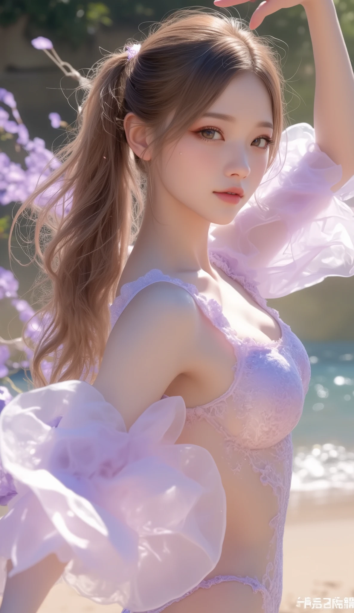 a girl hiding colorful Easter eggs in a lush garden,bunny-themed lingerie,happy and mischievous expression,soft pastel colors for a dreamy atmosphere,floral background with blooming flowers and green foliage,dappled sunlight shining through trees,meticulously painted details,high-resolution and ultra-detailed imagery,professional photography style,playful poses and gestures,carefully crafted lighting,brilliant and vivid color palette,subtle bokeh effect to enhance depth and focus,enticing charm and allure,elegant and graceful movements,dainty bunny ears adorning her head,delicate lace and satin textures,lens flare to enhance the magical ambiance.