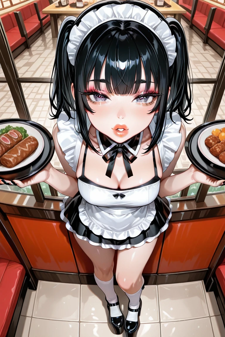 Young girl with black hair, long twintail,  twintail hairstyle, (blue eyes), ((small bushy eyebrows)), ( she pulling down her underwear), wearing lolita dress, lolicon , walking to school, flirty smile , suddenly having sex in public, ((doggy style sex)), ((public sex in a restaurant)) naked ass in the male crotch, ), perfect ???????,(young boy fucking her)