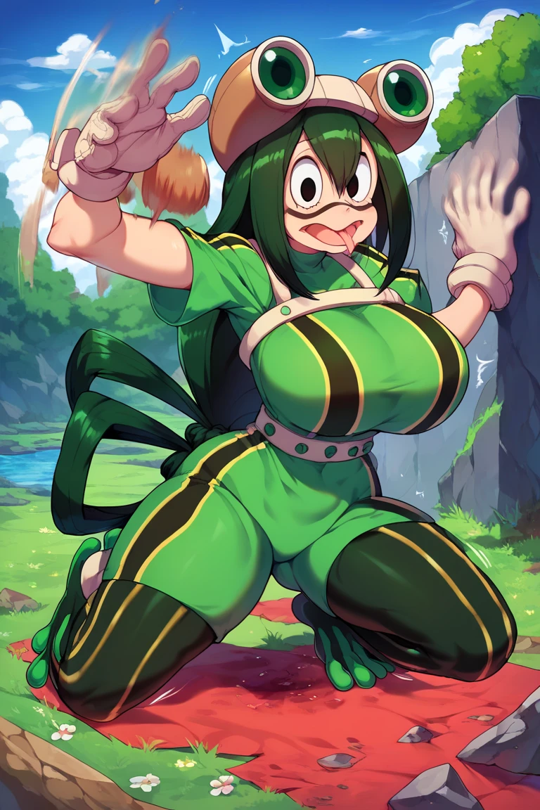 Solo, Score_9, score_8_up, score_7_up, kemono style, Kimiko, An Anthro furry black panda girl, black furry body, black panda tail, , black nose, black hair, green highlights, shoulder length hair, twintails, green goggles over eyes, slightly pudgy, green sleeveless vest, rope belt, martial arts belt, dark green pants, brown armor around side of legs, wrappings around hands, wrapping around feet, brown staff, huge butt, huge breasts, goggles on eyes, blushing face, goggles on eyes, armor on waist, hands together, holding staff two hands