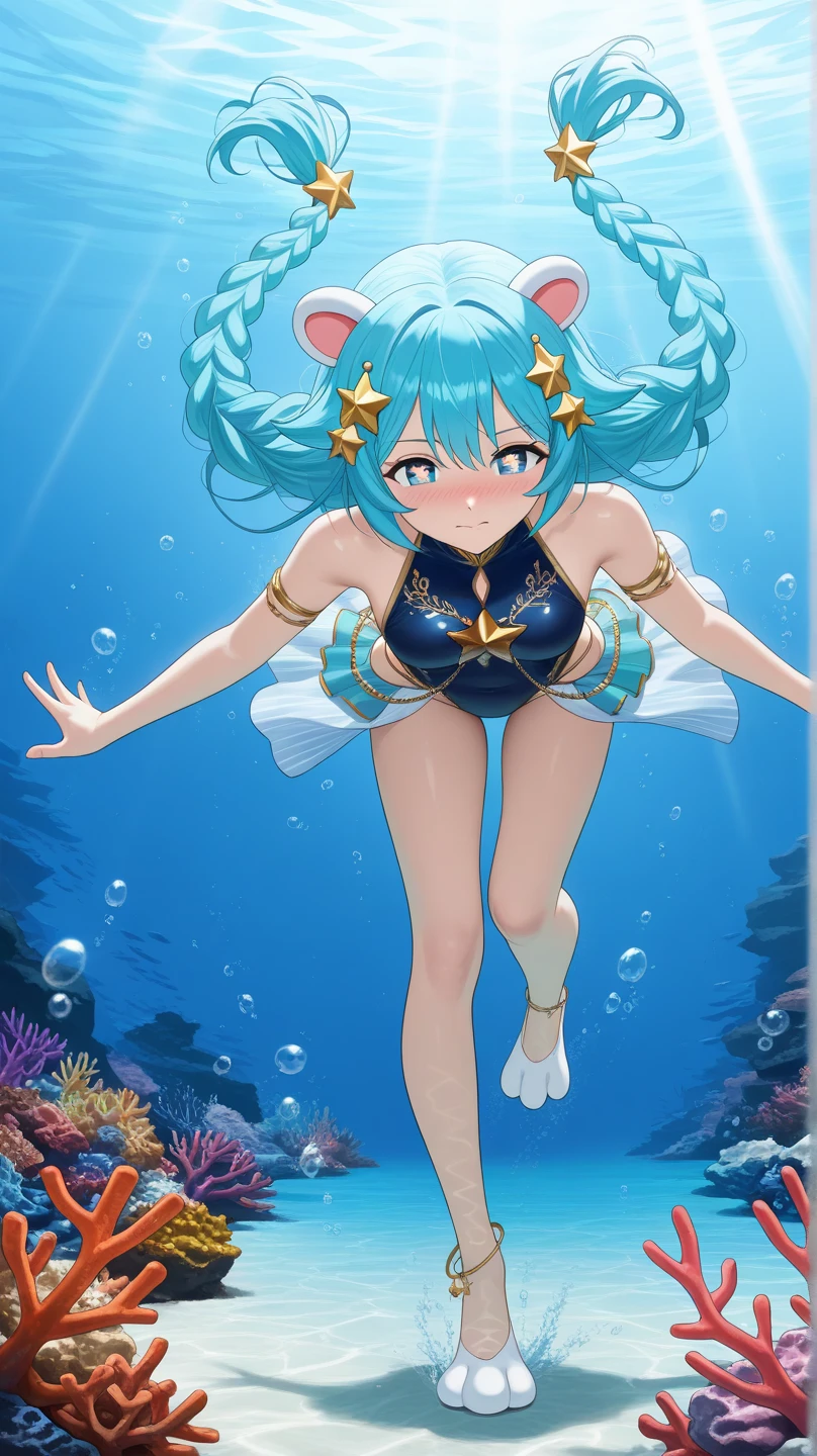 (highest quality:1.4)、detailed beautiful face、anatomically correct、huge breasts、woman in her 20s、(3 women)、Under the deep sea、backwards、braided twin tailicro bikini with bright colors and patterns、A big smile、smile、Turn around to highlight your butt、show one's side、cute、dancing、Uplifting