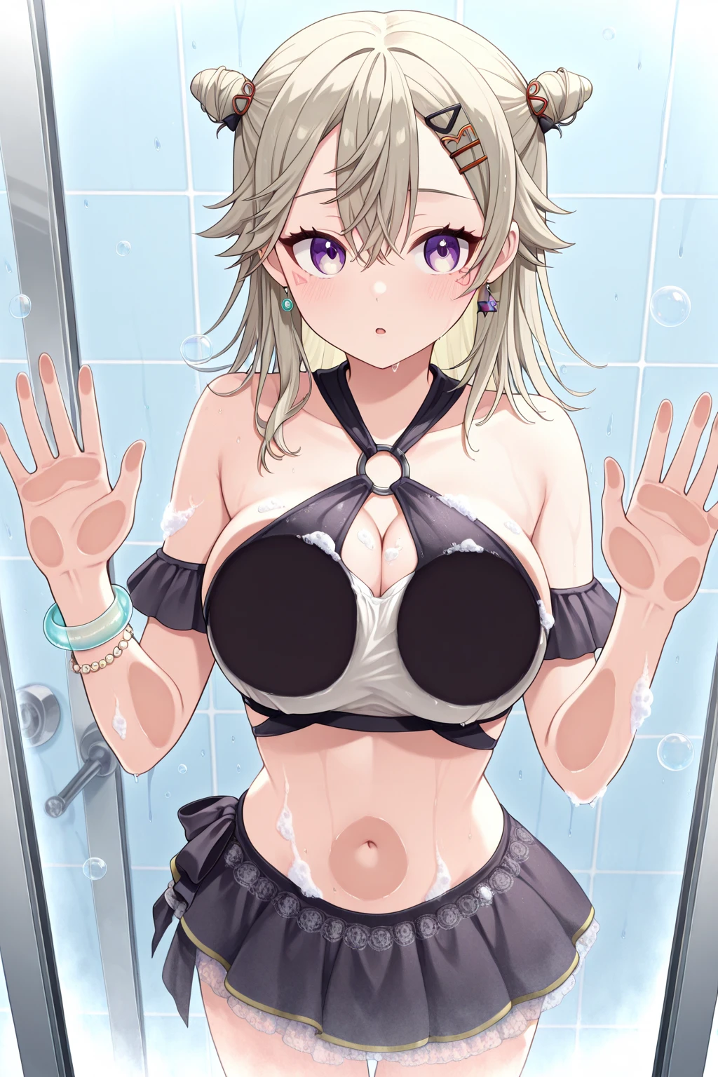nsfw,uncensored,(super fine illustration,8K CG wallpaper,best quality,extremely detailed,ultra high res,best aesthetic),(cowboy shot,from front),idolmaster, {{{anastasia}}}, (16yo, beautiful girl),(beautiful blue eyes), (beautiful silver hair), ((((extra short hair)))), ((spiky hair)), (((mullet hairstyle))), (wet hair), ,((dark skin:1.9)),(wet skin), (sweat), (steam), (flat chests,midium breasts),((slender)),(black micro bikini:1.5),(lift bikini),((((pubic silver hair:1.4))), ((((spread legs)))),(open mouths), (shyness), ,(a big smile:1.5), ((out tongue)),(Kamimei),(feel good),(((ecstacy Face))),(sex,cowgirl,pov),(cum on body:1.9),(cum on face:1.5),((cum on hair:1.5),(cum on armpit:1.5), (((multiple boys, peeing on a girl, multiple penises, gangbang))),((ecstasy torogao:1.5)), saliva trail, nose blush,pleasure vaginal penis),BREAK,(1boy, hetero:1.3), ((vaginal sex)),(cum shot:1.3),(look at viewer),(Voice of the Heart),(summer beach),