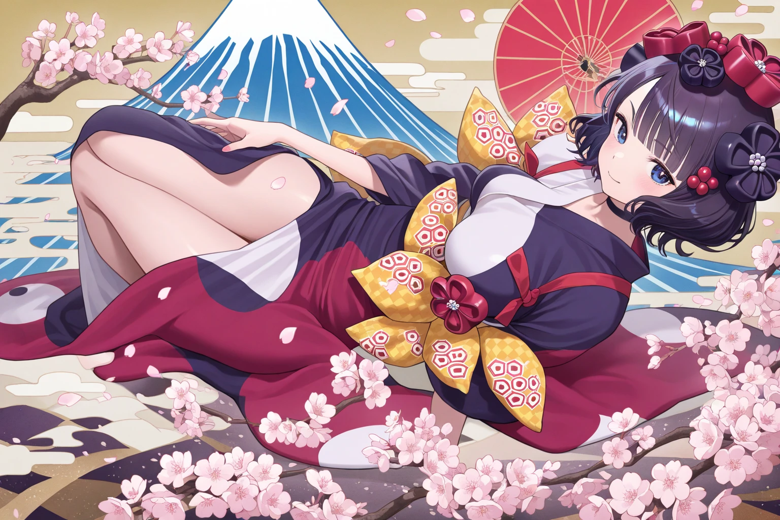 ((Highest quality)), ((masterpiece)), (detailed), (Perfect Face)、(The woman is a 12-year-old princess from the Sengoku period in Japan., Long black hair and a beautiful face Located in a luxurious samurai residence.、The woman is wearing a Japanese white kimono with a richly embroidered red shiny robe over it. The red robe worn by Japanese princesses Her hair is styled in a traditional Japanese hime cut. It is decorated with gorgeous ornaments from the Edo period., She is made to lie on her back on the futon and forced to have sex by a dirty old man, who thrusts his penis into her pussy, fucks her in the missionary position, and makes her give birth to a .