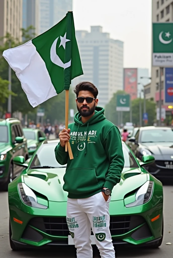Create an image a man has in his hand Pakistan flag and stand the car this car colour is green men pent colour is white and his shoes is green and his T shirt colour is green"Mohsin" name write in his T shirt