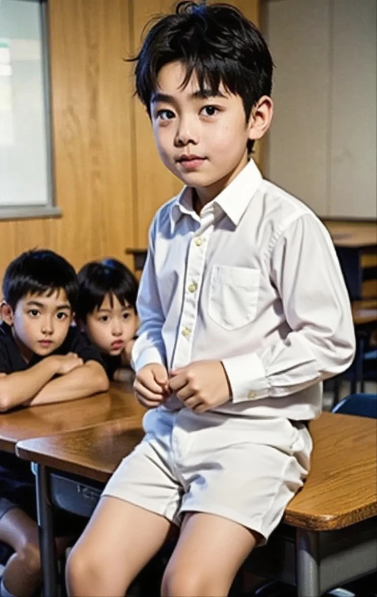 A boy 8 years old with a japanese face dressing a uniform of japan Soccer reading a book in front of a big car