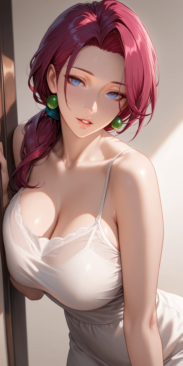 Large breasts, Cute girl, holding a wine glass, big sized breast, white belt on her neck, shiny skin, open neckline, white apron, sleeveless, cleavages, ultra realistic eyes , garden outside, pink cooler hair, bright green eyes, ultra realistic detailed eyes, innocent eyes, looking at camera, long hair,