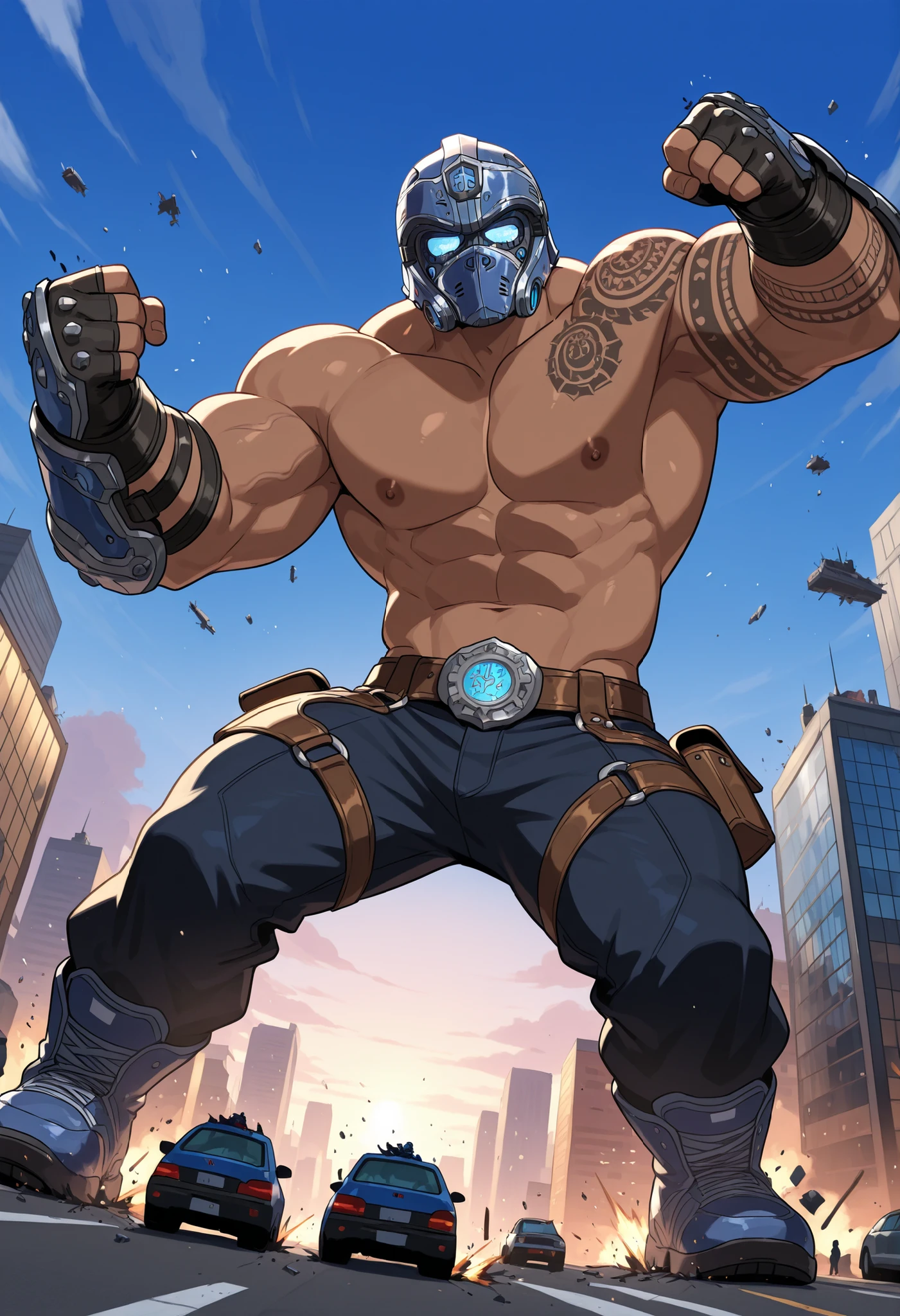 Blue and white stripes background，The character is a burly man，Wear a white sleeveless vest，Surrealistic pattern on vest，Dynamic Action，View from the abdomen，Exaggerated deformation，The overall picture highlights his well-developed shoulders and pectoralis major muscles，Light from above， Muscular，Upper Body，Wearing a black mask，Wearing a solid color hood，The hood has sharp horns like a cow.，Black mask，With a huge hood，Clothes show shoulders，Slightly sideways，The background is a card，