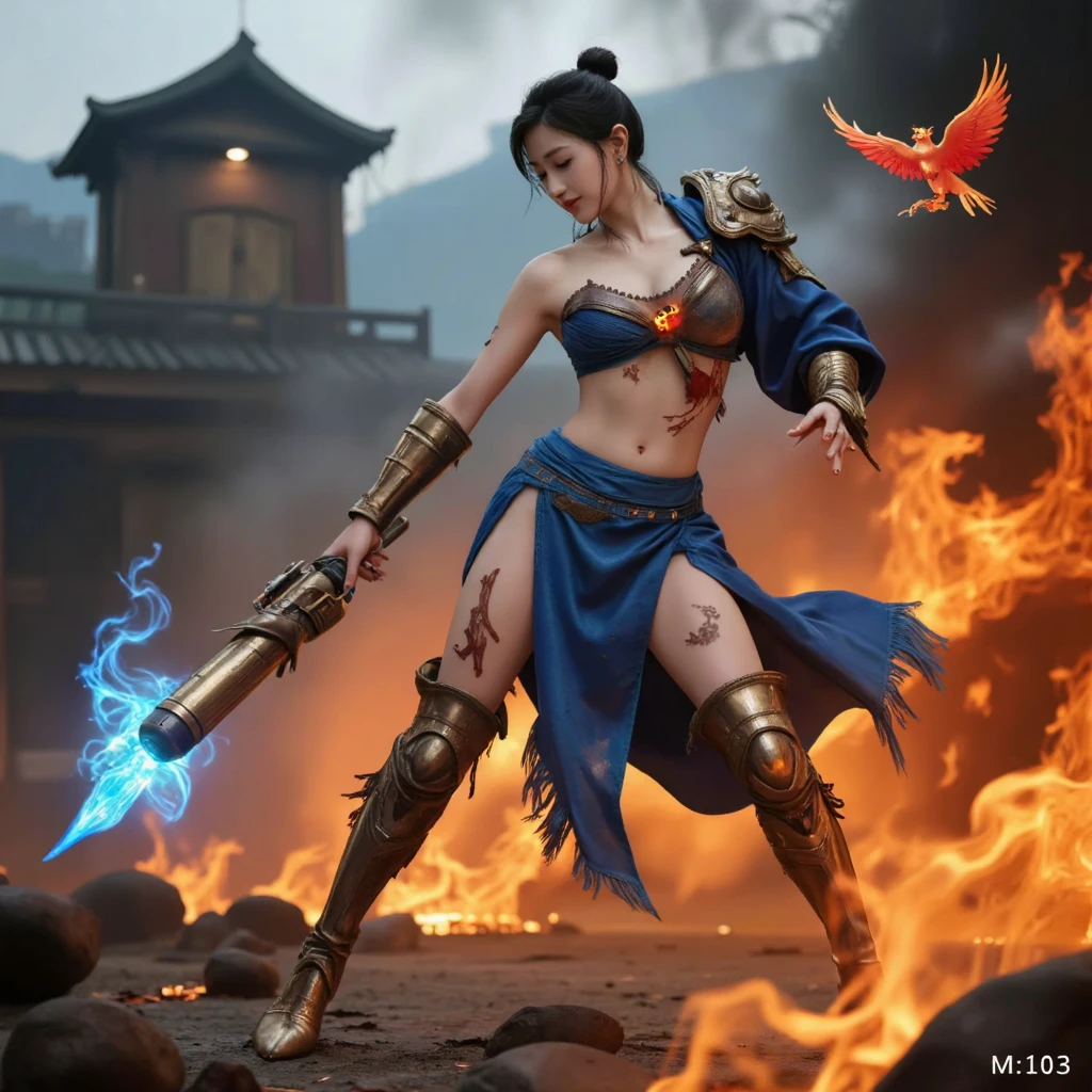 High quality 4K artwork ,Ultra Sexy Woman ,Flaming skull-faced samurai with blue flames,kimono branco 