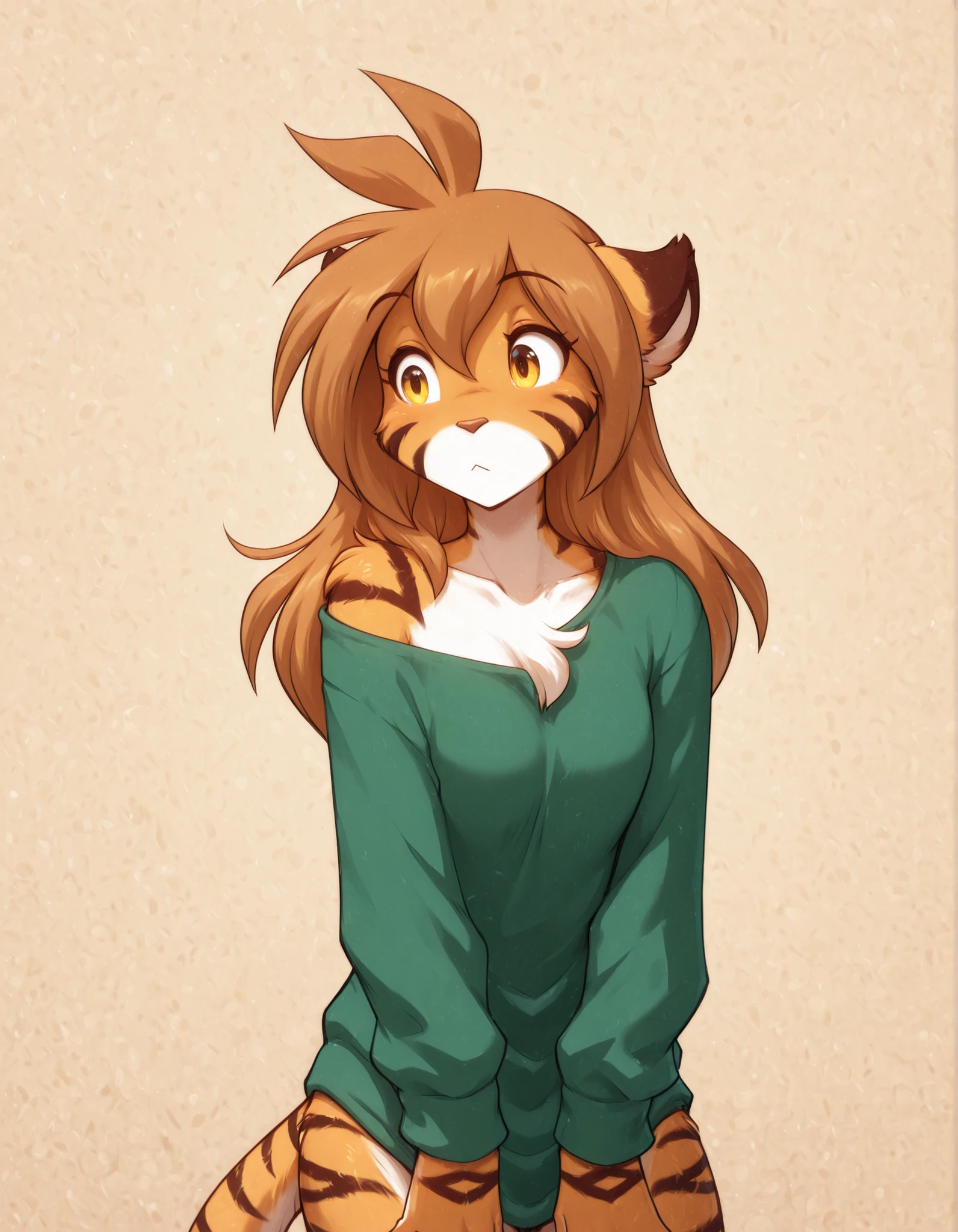 masterpiece, best quality, very aesthetic, 1girl,, furry, solo, flora-twokinds, flora_twokinds,, tiger, striped fur, keidran, yellow eyes, anthro, runesword,, green shirt