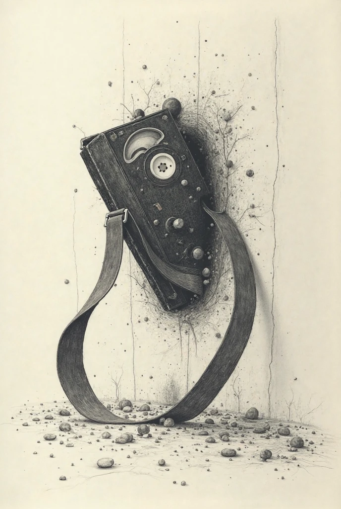 Generate a drawing of a pencil sharpener being held by the mouth,  only one hand is sharpening a pencil with that sharpener that is on his lips. Let the pencil sharpener be a simple one, silver manual.. Let it be drawing style. That the pencil is inside the sharpener, The sharpener is small and does not have any compartment for pencil waste...