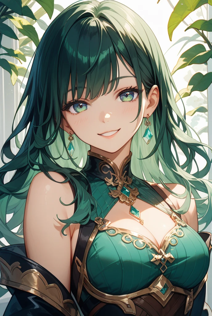 An anthropomorphic peacock、Beautiful woman、Highly artistic makeup、shocking pink Defined aegyo sal, glossy and sparkly eyeliner , green shining costume、Ornaments inspired by gorgeous peacock feathers、goddess halo、black long hair、starry shining pupil
