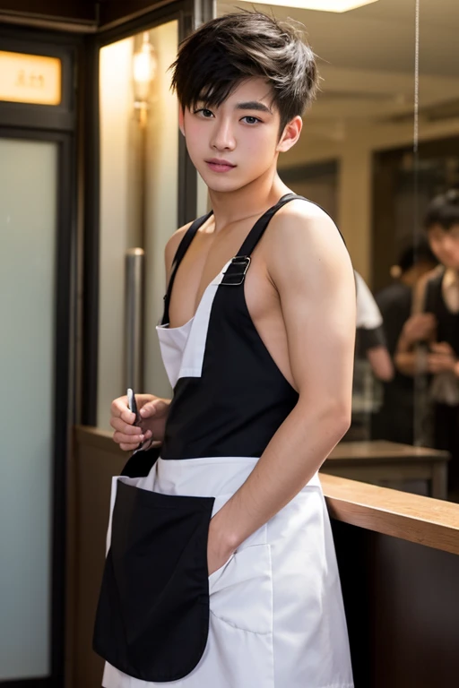 A very detailed full-body photo，A young man with short black hair works hard in a restaurant kitchen，Naked only wearing a white apron，a black bowtie，the person in the background，（（Extreme closeup）），（pale face），（Perfect detail for the eye：1.1），（Highly detailed skin：1.1），college student，silver necklace，tattoo on the arms， male people， slim， being thin， being thin， being thin， lean and thin， handsome Chinese rock star， Hot bartender， perfect athletic body， of a shirtless， furry legs， model shoot style， professional photoshoot， realisticlying， films， realisian， sun setting， Standing in many plants café background， Real human skin， Detailed Skin Pore， highly detailed eye， Detailed skins， skin textures， intrincadamente detalhado， finedetail， RAW， the mock turtle， Sharp focus， raw， 8K  UHD，   high resolucion， digital DSLR camera， hightquality， FUJI XT3， Award-Awarded， masterpaintings