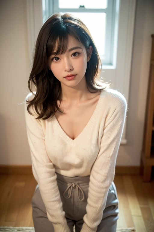 One girl sitting on a cozy sofa, Soft light, Detailed skin, (Long bangs:1,2), (Medium bust:1.0), (realphoto:1.4), (Best Quality: 1.0 ), (Ultra High Resolution:1.0), 8K, raw picture, (masutepiece:0.2), (PurerosFace_v1:0.5)