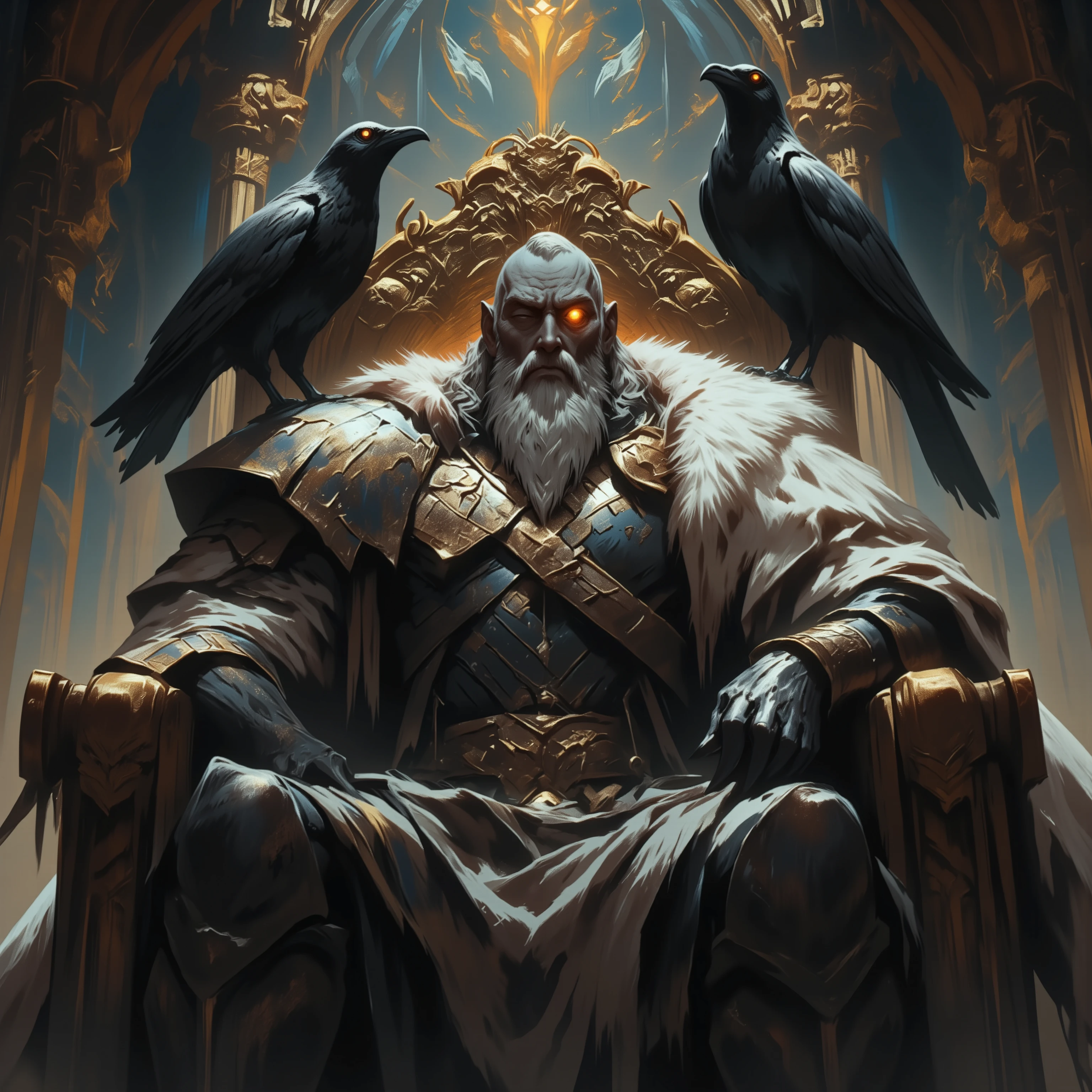 Norse god Odin, one eye closed shut, the other eye is open and burning with intensity, wearing white fur over Norse armor, black ravens perch on his shoulders, he is sitting in Valhalla