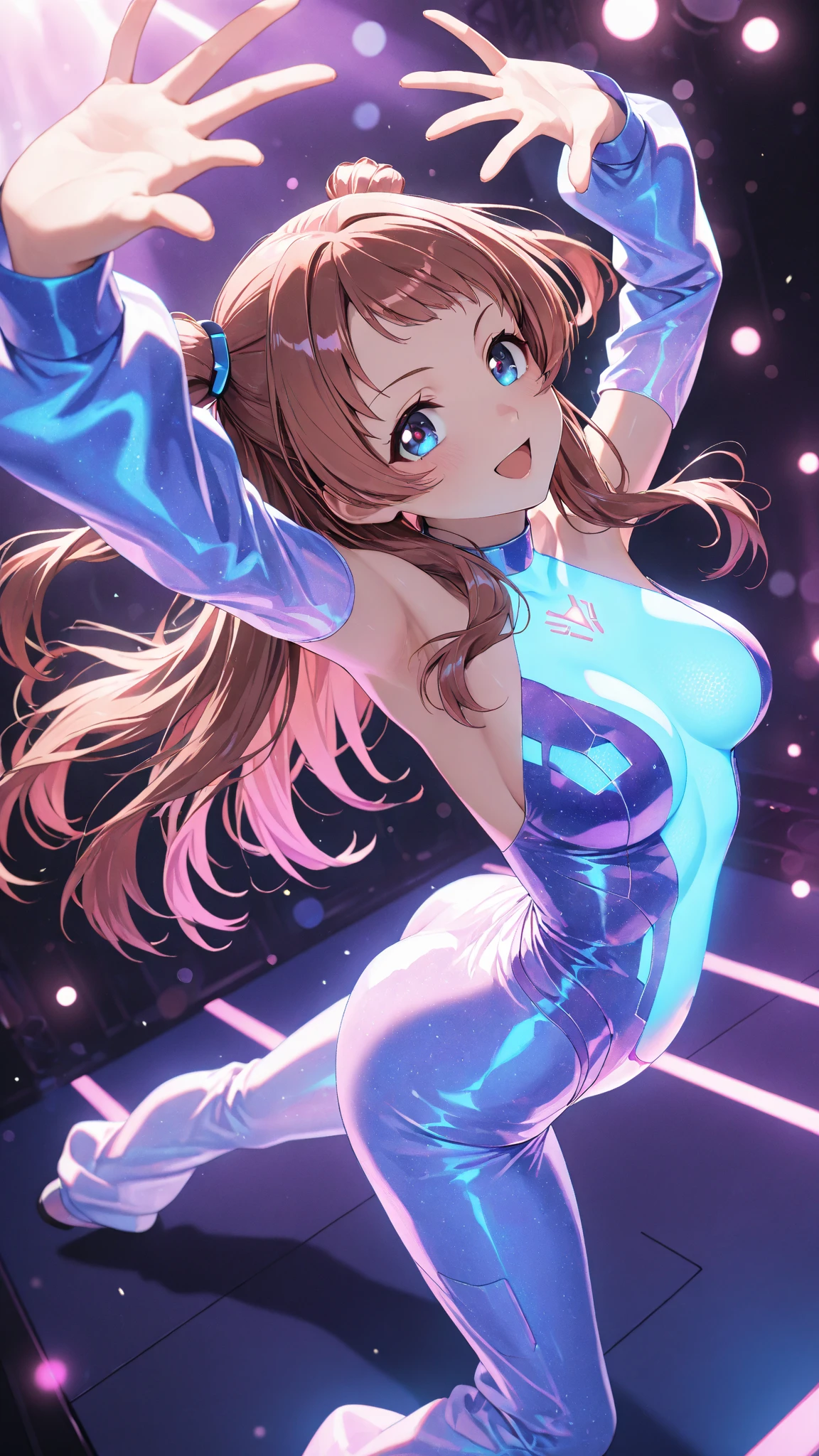 1980s Aerobics Style、High leg leotard、Colored tights、Vivid Color、sneakers、Detailed picture、girl、25-year-old woman、Dynamic and lively pose、Crotch line、Erect nipples