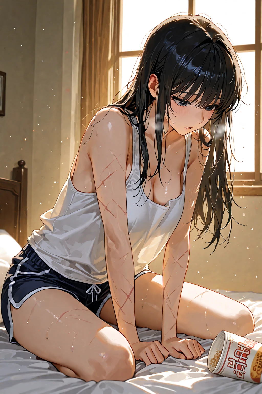 (((night,真night中))),((Dark atmosphere)),((Perfect ???????:1.2,Realistic:1.3,Raw photo:1.3,masterpiece、highest quality、Ultra - High resolution、High resolution、Extremely detailed CG、8k)),((attractive way to sit)),((((Crouching pose)))),1 female,alone,18-year-old、High school girl beautiful girl,Japanese,((Beautiful and exquisite face and eyes:1.2,Big beautiful eyes:1.0,)),(Brighten your eyes),((Beautiful woman))、Blonde,Long Hair,(Center parted hair:1.4,amount),Medium chest,((slim body)),Small Head:1.3,skinny,(Brown Skin:1.8),(Oily skin,Glowing Skin,Shiny skin,Sweat:1.2),(((school uniform、Dark blue blazer jacket、White Shirt、Checkered pleated mini skirt))),(prostitution),((show off bra:1.2)),Dirty back alley、Tokyo、((Turn your body forward)),(lonely),((Feeling melancholy))、Stick out your crotch、(Apathy)，(Lucky)、((Expressionless))
