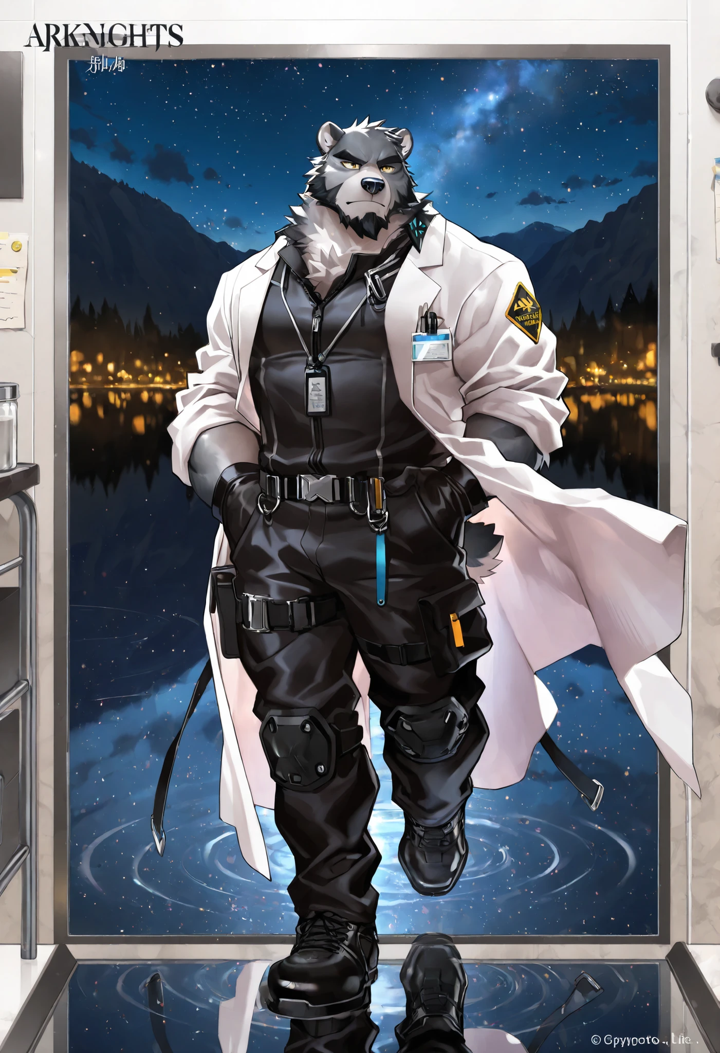 (masterpiece:1.2), best quality, official art, perfect anatomy, ray tracing, solo, (1_male:1.3), muscular build, (grey fur:1.4), muscle bear, (beard:1.2), golden eyes, bear tail, full body, thick black eyebrows, ,floating lab coat,scientist suit inside,silver ring, artist:takemoto arashi, night sky, salt lake, Reflection,style:arknights, (extreme character detail:1.3)
