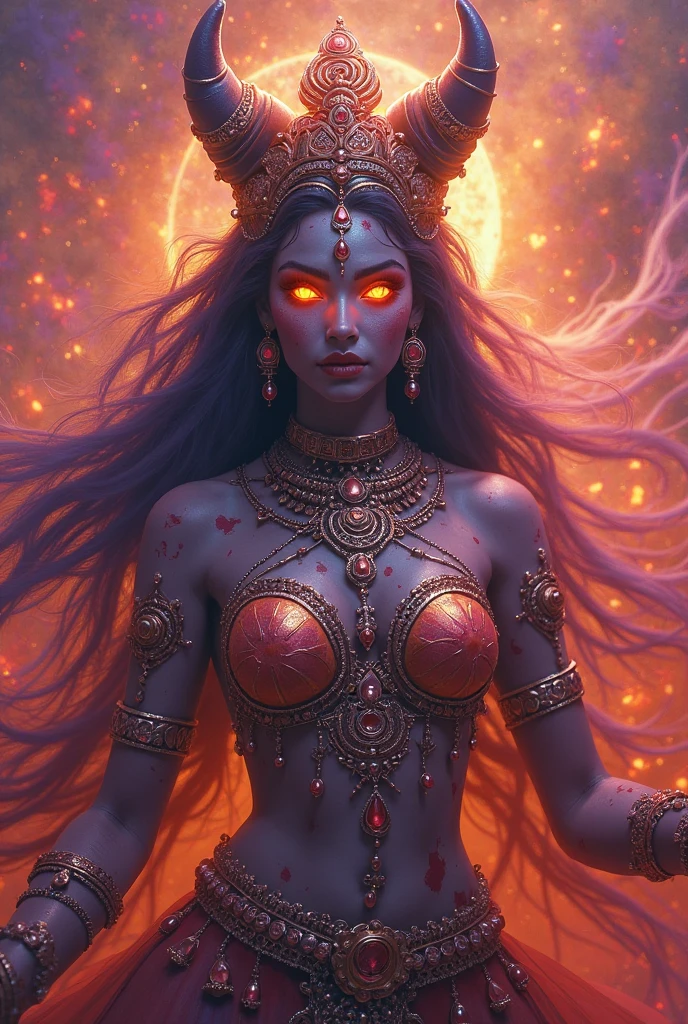 a furious hindu goddess kali, detailed facial features, piercing eyes, sharp teeth, dark skin, ornate jewelry, flowing hair, dynamic pose, 4k, hyper detailed, photorealistic, dramatic lighting, dark and moody color palette, digital painting