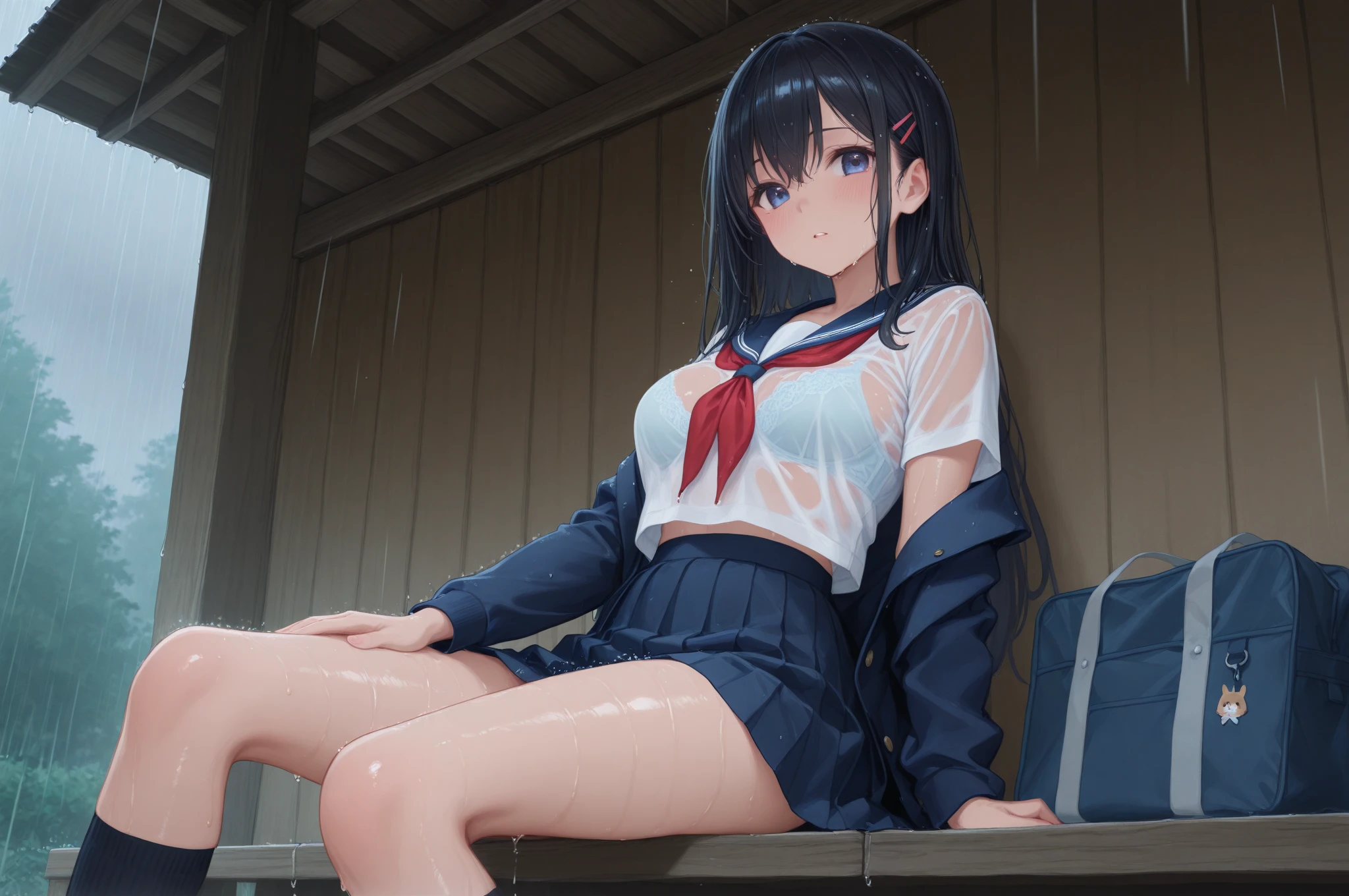 yukimi, 10., long hair, dull bangs, flat chest, surprised face, shy, whole body, highest quality, (randoseru red backpack:1.4), school classroom、naked、angle from below、kneel down、(large erect clitoris:1.4)、 (female masturbation)、(procure:1.4)、(A large amount of white semen drips from her open pussy..)、organize、female masturbation、(White pee is leaking)、(white puddle under crotch)、