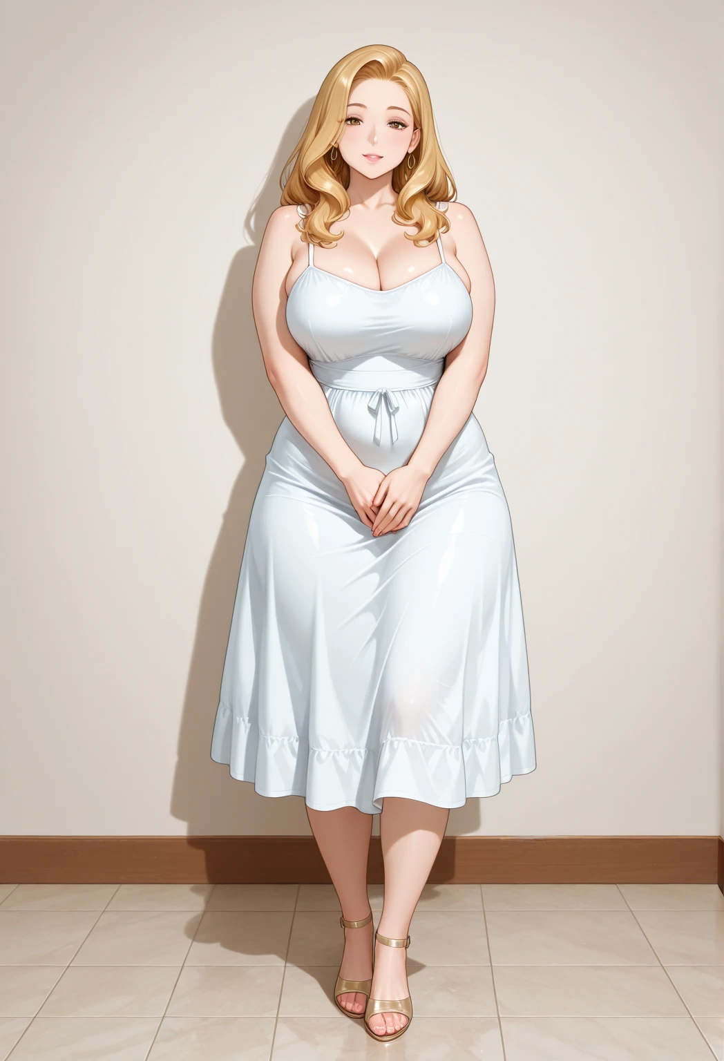 Chubby curvy, girl teen, cute, blonde hair, long ponytail, blue eyes rounded,ina dark room, red lipstick, Beautiful, full body view, wearing sexy tight short drees cleavage, wide hips, ultra-detailed, realistic, 4k, high-res
