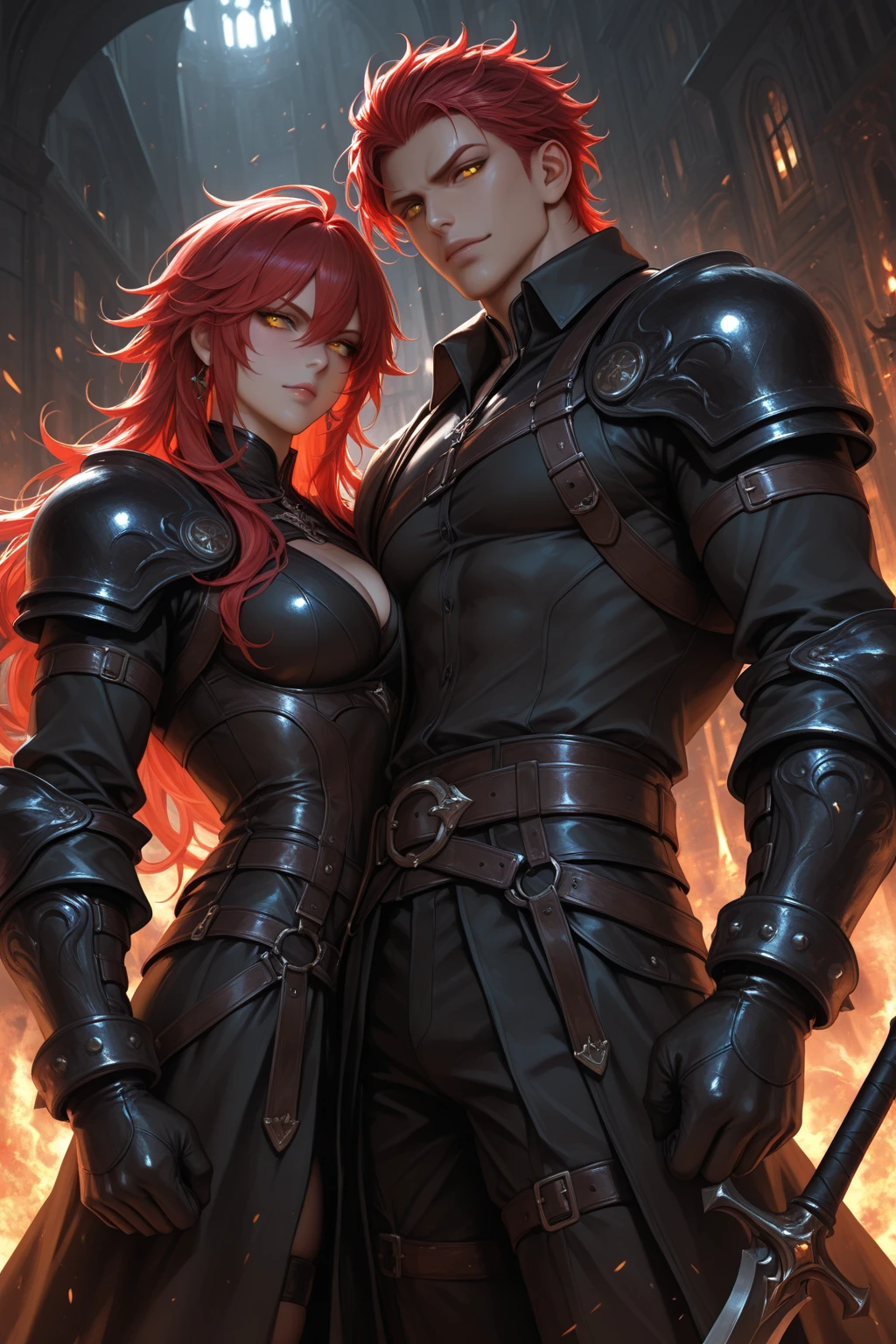 (A man with purple armor all over his body, and a woman on his side, his features are red hair, black horns, forest background)