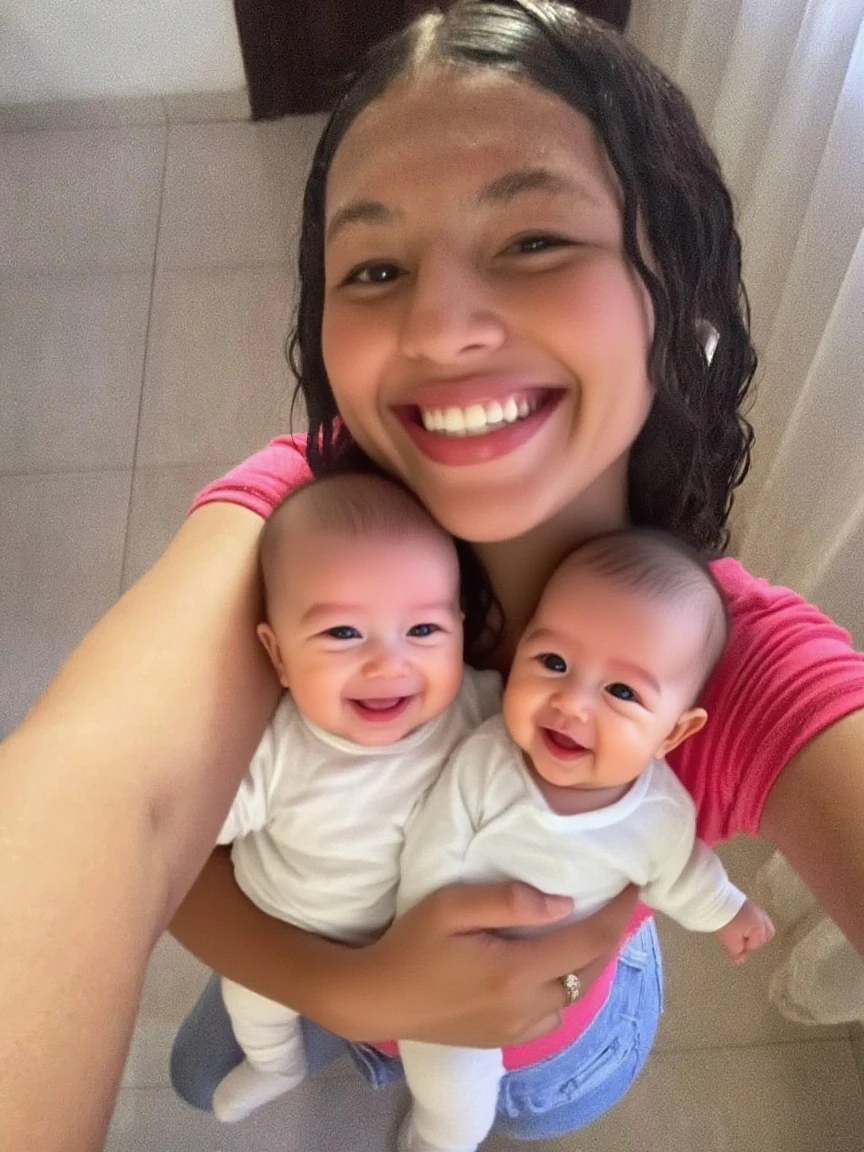 there are two children sitting together on a rug, babies on her lap, both smiling at the camera, deitado de costas, they are brothers, tirada no iphone 14 pro, sorrindo um para o outro, with a twin, Rostos bonitos, they are close to each other, parecendo muito bobo, tirada no iphone 1 3 pro, bottom angle