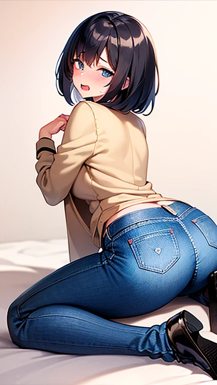 ((1 girl)), ((1 girl and 1 boy are having sex)), penis, 1 face, standing doggy style, from behind, looking back, (girl in skinny tight navy jeans), (long jeans), (navy jeans), ((jeans ass)), slim, slender, 17 years old, (short bob cut), ((black hair)), nose blush, full opened eyes, round mouth, drool, orgasm, (white hoodie), pink nipple, penis in pussy, cum in pussy, (((embarrassed))), hard sweat, big ass, ahegao, detailed face, blue eyes, classroom, hands on wall, lean on wall, pov, japanese, detailed ass, detailed jeans, (grab ass), light blue underpants
