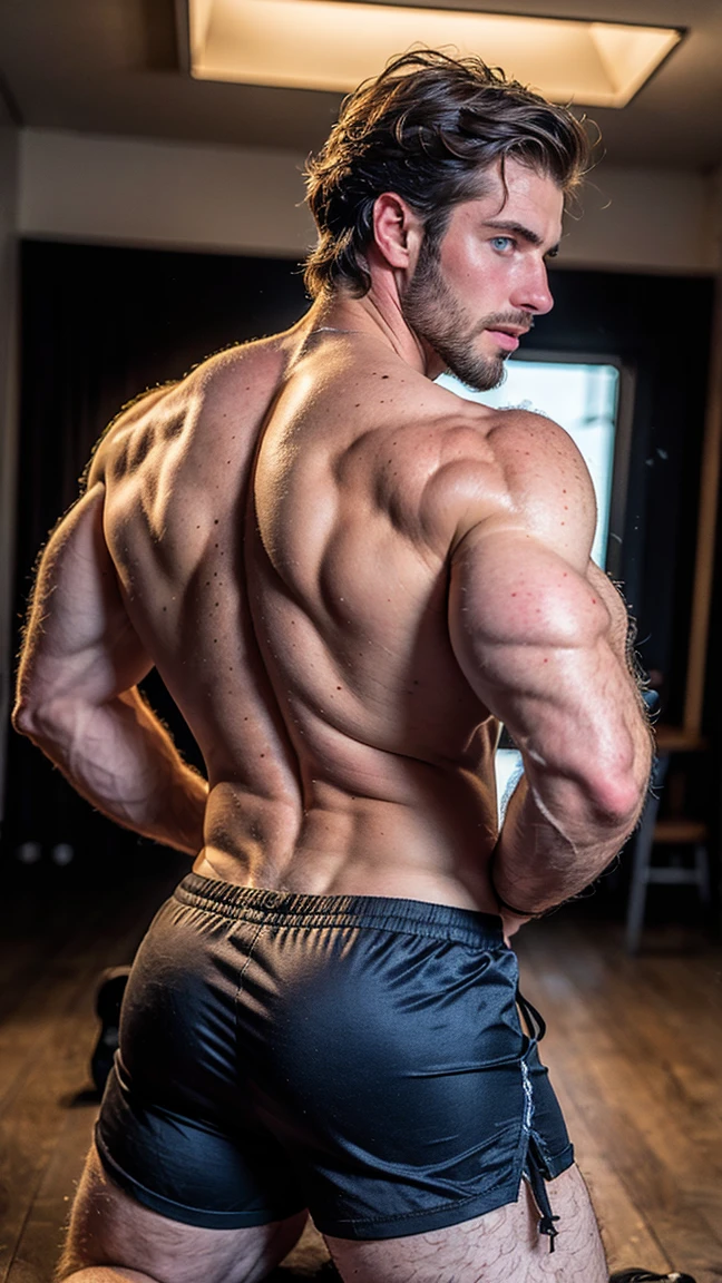 Obra maestra, mejor calidad, high resolution, A man in a lumberjack suit, muscular, (descamisado: 1.2) enfoque masculino, enfocarse solo, piel bronceada, middle-aged man in lumberjack clothing, muscular, fuerte, peludo, masculino, al fondo una granja, sunny day, amazing composition, hdr, volumetric lighting, cuerpo completo backside fajado 