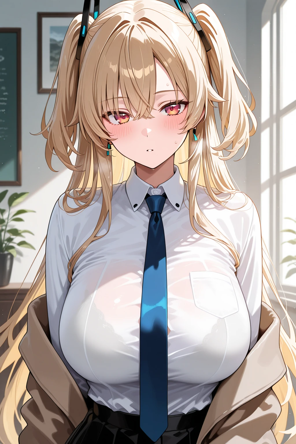 nonomidef, 1girl, pale blonde hair, halo, 8k resolutions, bedroom, big breast, super happy, open door