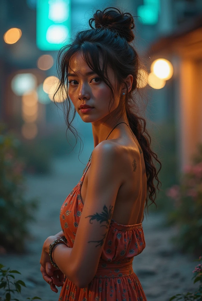 (8k, best quality, masterpiece:1.2),(best quality:1.0), (ultra highres:1.0), watercolor, a beautiful indonesian woman, shoulder, hair ribbons, by agnes cecile, half body portrait, extremely luminous bright design, pastel colors, (ink:1.3), autumn lights,