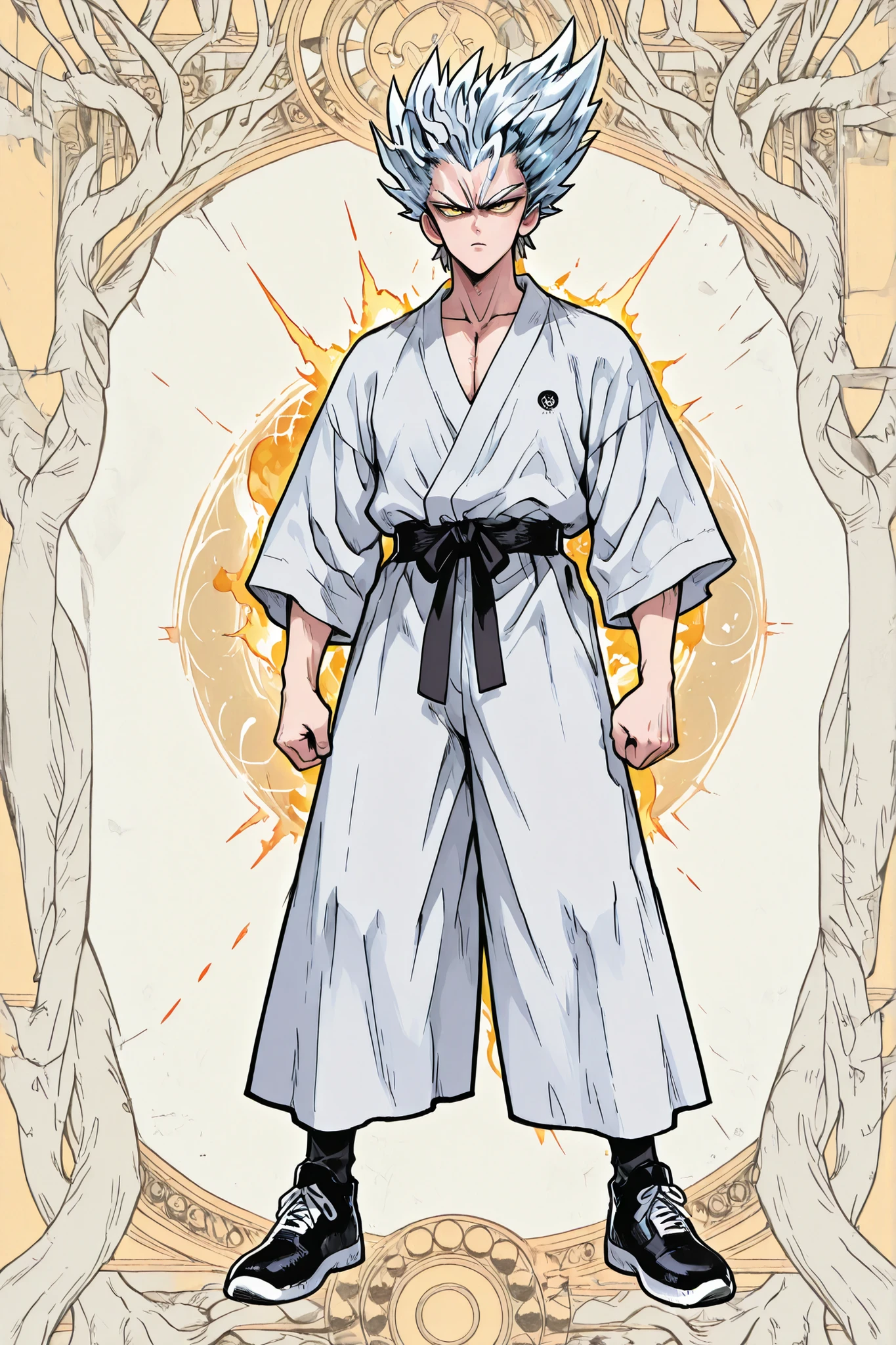 One Punch Man [Garou] illustration,Silver Hair,Silver eyebrows,yellow eyes,full body,Original Style, guy,adult, clean background 