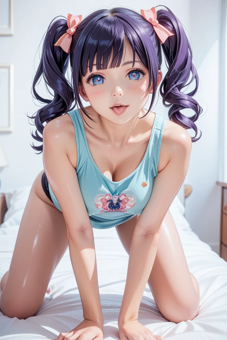 1 female、(Black-haired、Twin tails)、 like々Funny face、(Blue striped micro bikini and bikini pants)、Sensual look、Sexy pose、On the bed、Composition looking up from below、Dynamic Angle