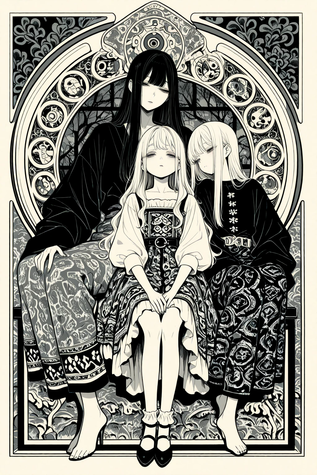 japanese line art    , two school girls in a garden tying each other up with chains and rope, knots,  , floral damask background ,  in the style of  takato yamamoto   