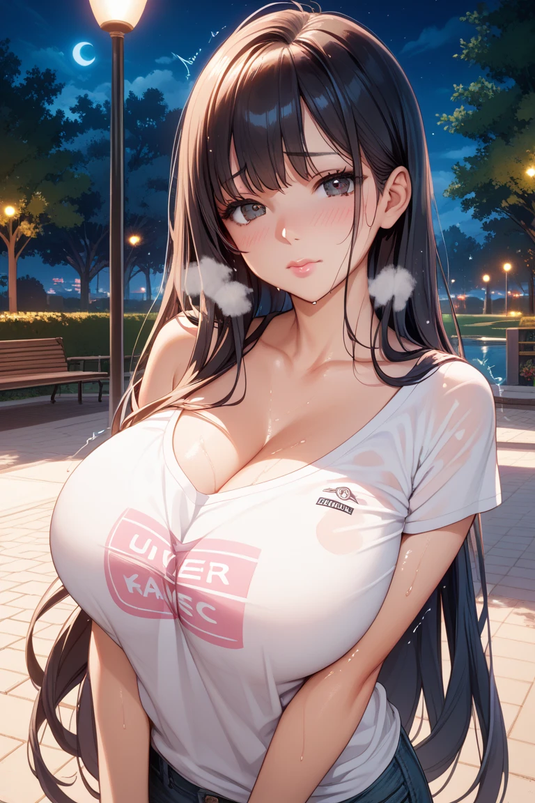 1girl, koreangirl age 17,beautiful smile,sexy,he tall,super big breast,(P cup),sexy girl pose photos,mom sexy,transparent t-shirt outfit,and transparent white mini skirt outfit,full body wet water,in park,long ponytail black wet hair,rain, heavy rain,playing water rain
