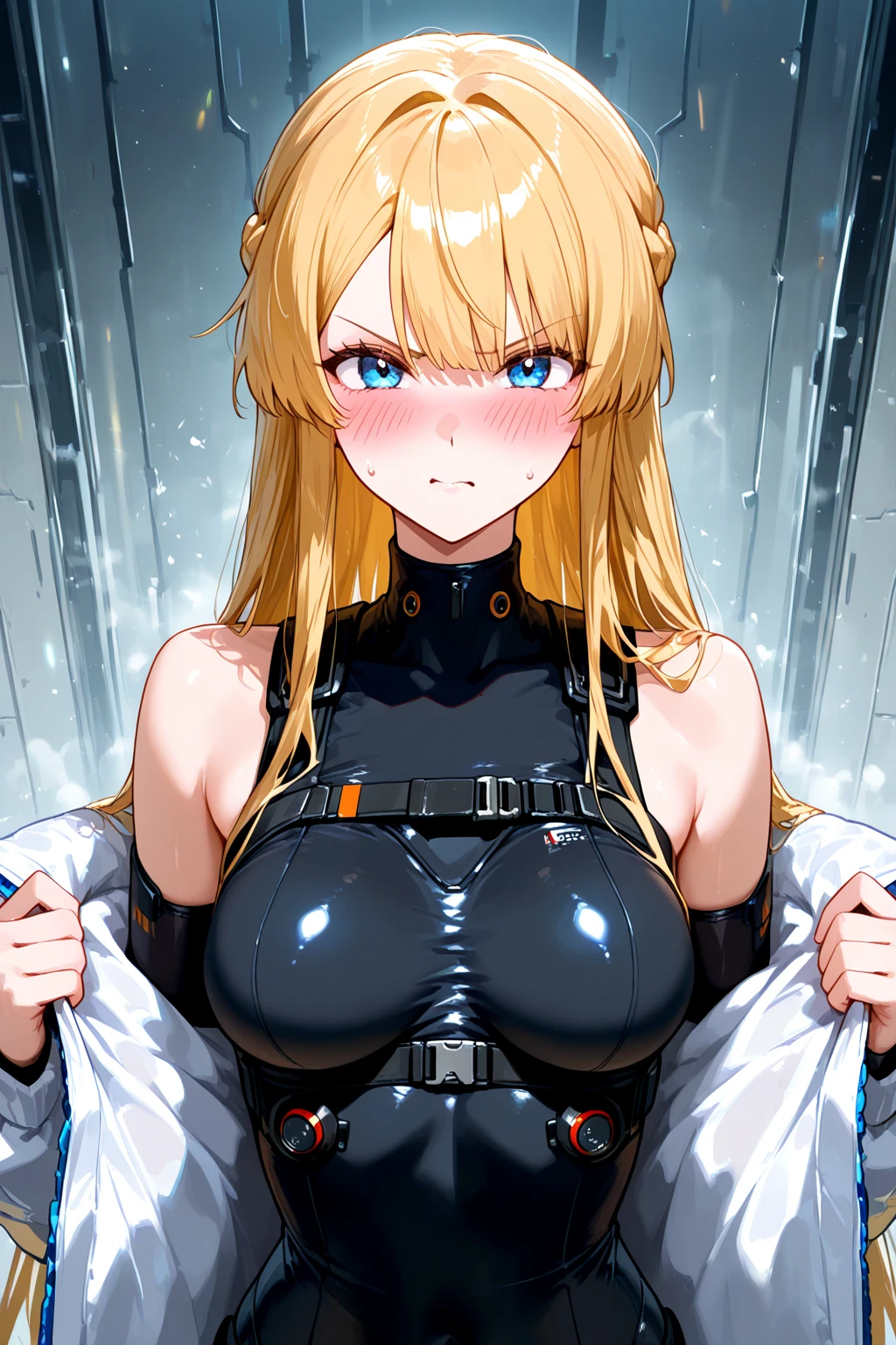 ((masterpiece, best quality, anime style, restrained, tape)), 
((1girl, arms behind back, hands tied)), damsels in distress, , girl in peril, 

BREAK girls, ultra detailed eyes, blonde hair, (huge breasts:1.3), hanging breasts, (tareme:1.3), fearful, tears, ultra detailed hands, 
BREAK (black catsuit), long sleeves, (cleavage cutout),wrap, 