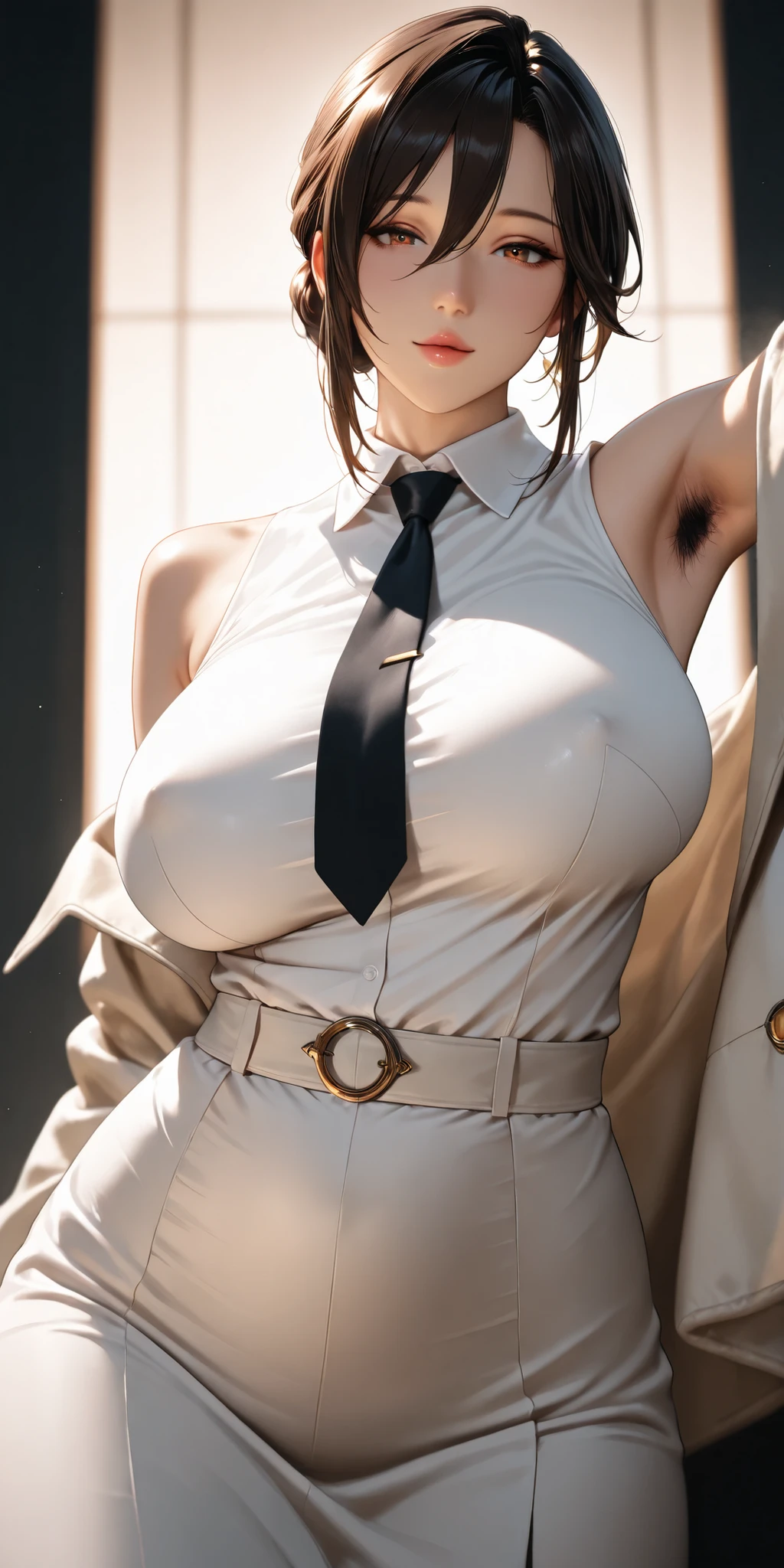 Sexy Lawyer, Classy business skirt, black blazer, white dress shirt, Tight Skirt, reading a book at her desk, at the library, big, cleavage, perfect hands perfect fingers perfect breasts perfect fit perfect body perfect face perfect image realism detailed background micro bikini, unbuttoned shirt, lewd librarian, hyper realism, realistic, unreal engine, 3dcg, octane rendering, High definition resolution with up to 8K resolution, sweater dress, Professional, breasts that look torn from clothes,, ponytail、立ったまま足を広げお尻を突き出し振り向く