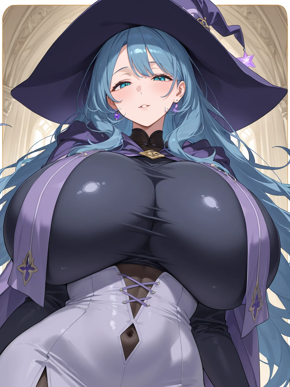 (best quality), (masterpiece), 1 girl, early 20's, huge heavy breasts, busty, massive breasts, thick, thick lips, wide hips, thin waist, witch, long flowing robes, wrenchwitchiness, black robes with blue and purple undertones