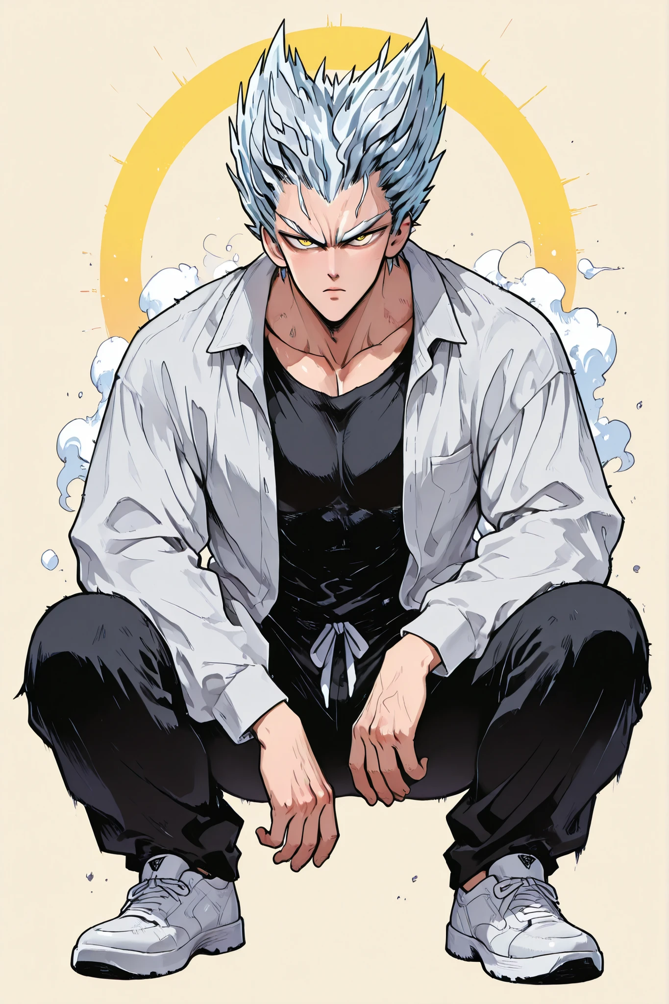 One Punch Man [Garou] illustration,Silver Hair,Silver eyebrows,yellow eyes,full body,Original Style, guy,adult, clean background 