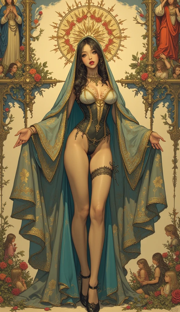 NSFW, Full Shot, Full View, Full Body:
A beautiful black girl radiates compassion with a gentle smile as she stands in the center, her immense breasts, adorned with nipples, taking center stage. The ethereal allure of transparency merges with intricate beaded floral designs in her body-hugging bodysuit. The delicately beaded flower embellishments, with their vibrant jewel tones and colorful petals, emphasize the intricacy and complexity of the design. The seamless blend of transparency and beaded florals creates a visually stunning and mesmerizing representation, with her clear glass skin enhancing the beauty of the