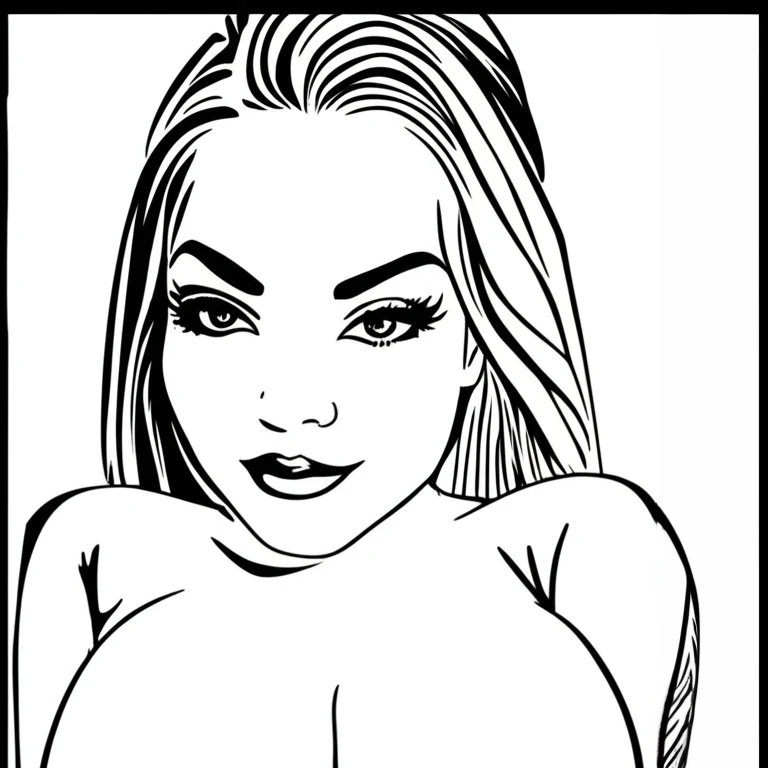 black and white outline transparent drawing coloring book for adults , black and white, large details of the drawing. 8k. the drawing is made with thin lines, vector image, outline only. beautiful sensual nude and erotic woman with massive breasts. The breasts are not covered by anything. Woman on fancy bed. white colors. full body view of blonde woman.