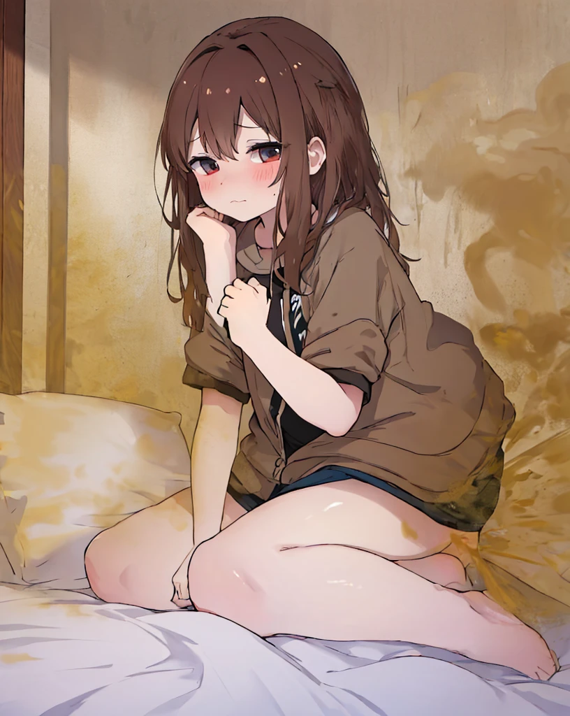 (masterpiece), (Highest quality), (Very detailed), ((Very delicate and beautiful)), One Girl, solo, July, Cowboy Shot, (Very long hair), ponytail, smile, Flat Chest, belt, chestnut mouth, Sitting, On the bed, question mark,  indoor, Detailed Iris, young, Completely naked ,((Browsing Caution)),((nsfw)), Squat, (((No correction)))