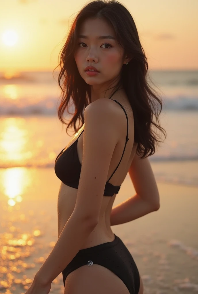 "Depict Belphegor, the demon associated with sloth and luxury, reimagined in the ultimate bikini while retaining her iconic features. Her long, flowing black hair cascades down her back, shimmering in the sunlight, with her twisted horns elegantly curving from her head, adding a touch of dark allure to her appearance. Her eyes, large and glowing with a soft, mysterious light, give her an enigmatic and captivating presence.

She wears a sleek, stylish bikini that contrasts beautifully with her dark, otherworldly features. The bikini is designed with intricate gothic patterns, incorporating dark hues like deep black and rich crimson, with accents of gold that catch the light. The top is adorned with delicate lace and subtle, ornate designs that hint at her luxurious, demonic origins, while the bottoms are simple yet elegant, with small chains and charms that add to the overall aesthetic.

Her figure is slender and graceful, with smooth, porcelain-like skin that glows softly in the light, highlighting her ethereal beauty. Her skeletal hands are adorned with dark rings and bracelets that match the theme of her attire, adding a touch of gothic elegance to her look.

The background is a serene, tropical beach at sunset, with the warm light casting a golden glow over the scene. The waves gently lap at the shore, and the palm trees sway in the breeze, creating a tranquil atmosphere that contrasts with her dark, yet stunning appearance. This portrayal of Belphegor in the ultimate bikini blends her demonic essence with a modern, stylish touch, creating a figure that is both captivating and otherworldly."