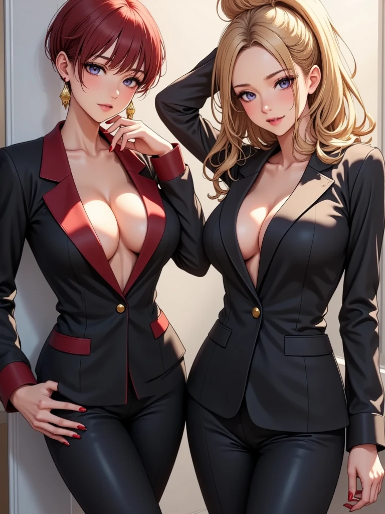 2girls, woman in red dress, woman in business suit, cleavage, lesbian, bobcut black hair, , long red hair