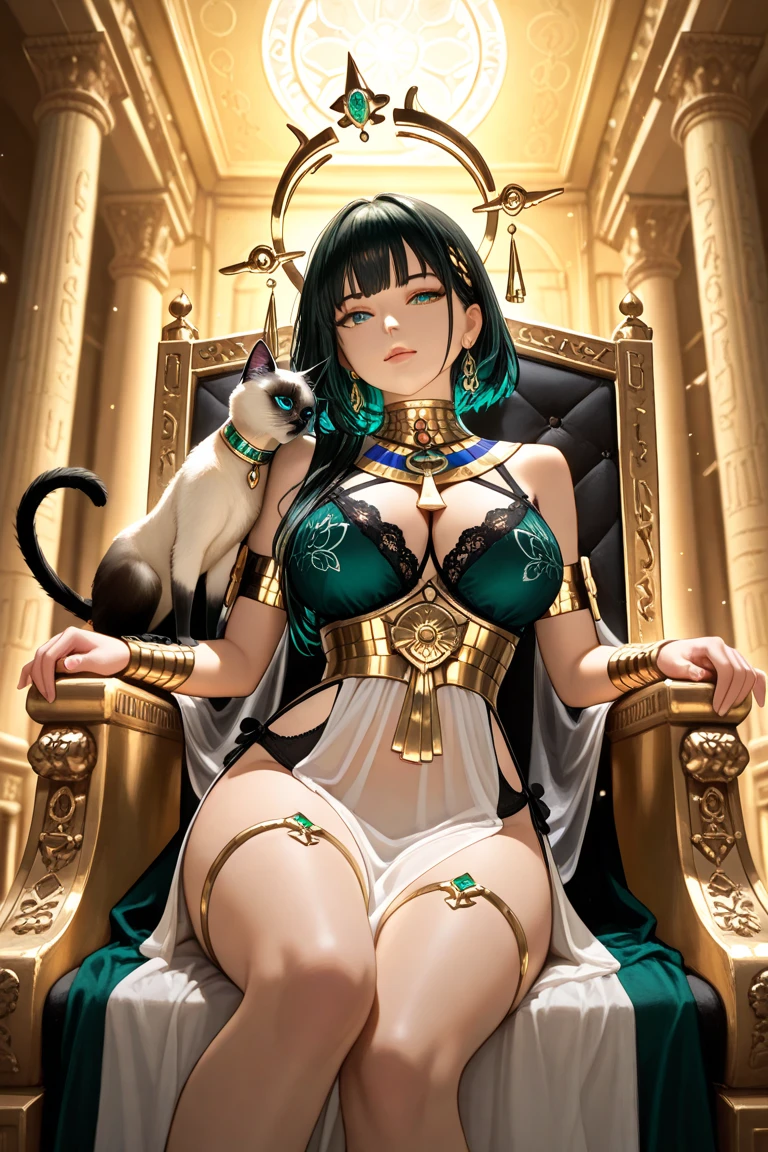 queen panther girl from ancient Egypt, (((panther woman,anthro furry cute,panther female warrior,panther-girl))),(((tail,panther tail,panther ears,thin panther tail,panther ears on head,big panther ears))),(large breasts:1.4,saggy breasts),((black hair:1.4,straight hair,long hair:1.4,colored inner hair)),(((red_eyes:1.3))),intricate eyes,beautiful detailed eyes,symmetrical eyes,((((lustrous skin:1.5,tanned skin,bright skin: 1.5,skin tanned,shiny skin,very shiny skin,shiny body)))),(spider lower abdomen,narrow waist,wide hip,athletic body,inflated legs),(((detailed face))),beautiful detailed lips, slutty,sensual,seductive look,seductive,((erotic)),opulent,(((nsfw))), (((huge cleavage))),revealing clothes,show skin,((underboob)),(barefoot,),Egyptian adornments,(((red veil))),desert warrior with little clothing,((tiny loincloth)),Egyptian tattoo,arms covered in Egyptian adornments,shoulder pad,(((nemes with that of the sphinx))),include hieroglyphics in clothing,((clothing in red and black and white colors)),((Egyptian designs on the arms)),(((Transparent cloth:1.1,wet clothes,intricate outfit,embroidered outfit,ornate outfit,intricate clothes,embroidered clothes,ornate clothes))), dynamic pose,looking at viewer,(smirk,beautiful smile),centered,scale to fit dimensions,Rule of thirds, inside a cavern,pillars,((pillars background,egyptian palace background)),scenery,extremely scenery,(torches,torches in the background),Egypt castle,(sunset, golden hour), (Glossy Egyptian ornaments),(top-quality,8K,32K,​masterpiece),high resolution,(Photorealistic:1.4),Ray tracing,Sun glare,depth of fields,By backlight effect,Add depth to your screen,(((vibrant colors,vibrant theme))),(intricate),(high contrast,photorealistic artwork:1.37),(best quality,4k,highres,masterpiece:1.2),ultra-detailed,(realistic,photorealistic,photo-realistic:1.37),professional,