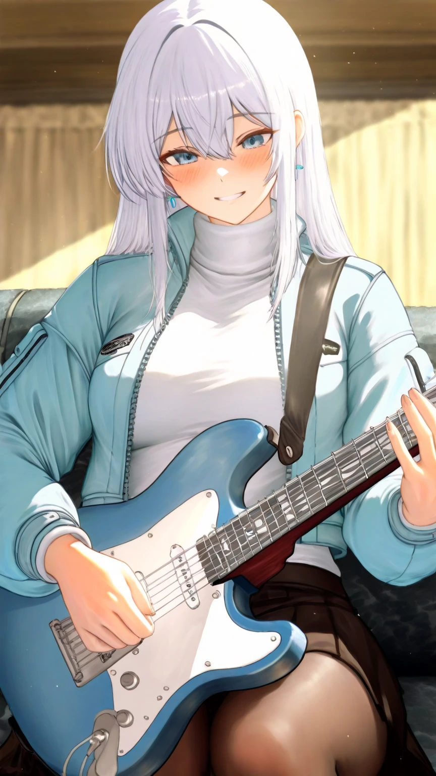 <lora:kearsarge_v2.0:0.8>,white_hair ,long_hair, purple_eyes,headgear, indoors,looking at viewer,blush,pink_jersey,pleated skirt, sitting, holding_instrument,guitar, masterpiece, best quality, extremely detailed face, sharp details, high contrast,