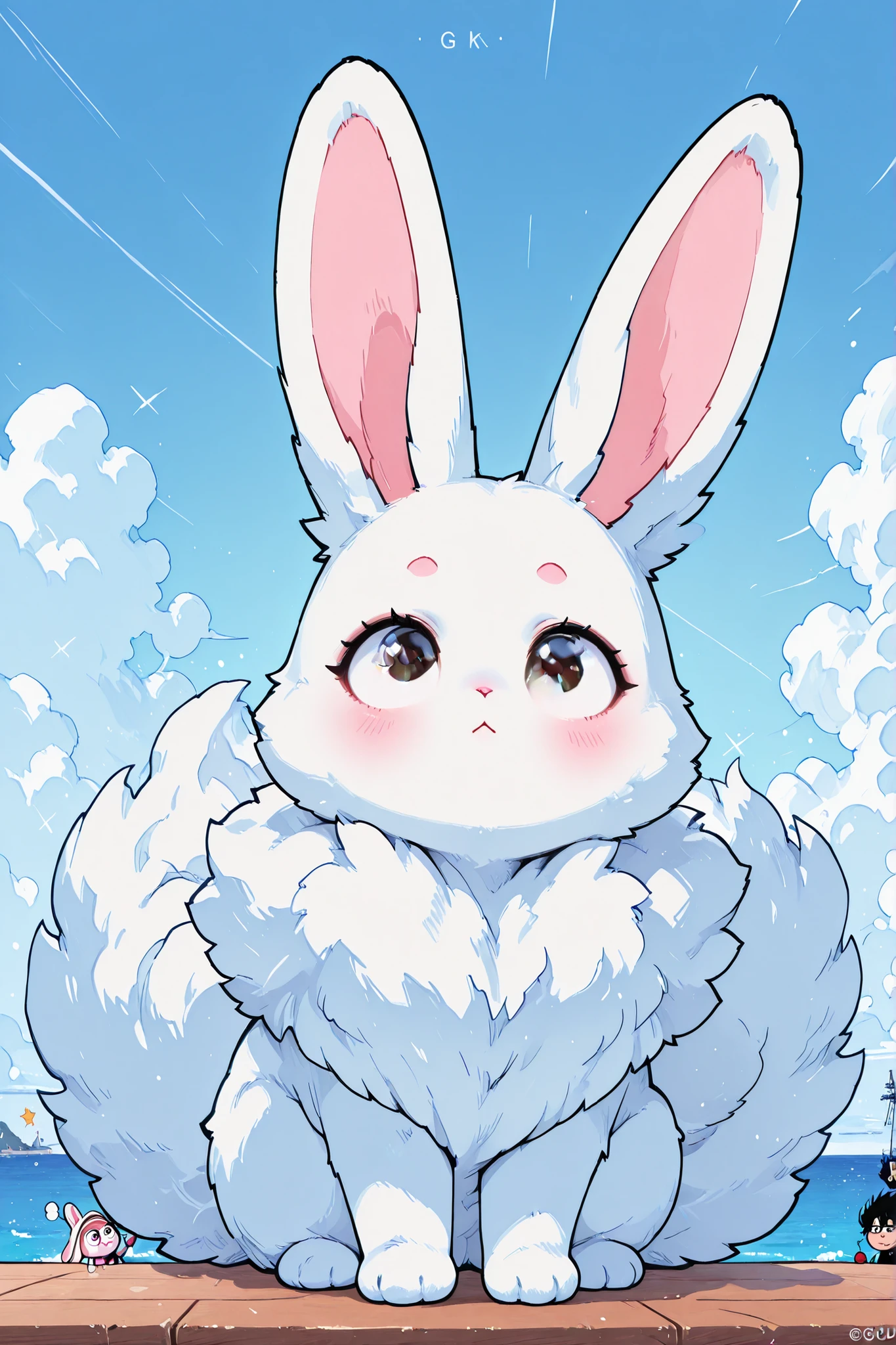 masterpiece, best quality, female rabbit, soft fur, cute, big eyes, anime style, high resolution on the coast, cute 포즈, Fluffy, detailed texture , 8k, One Punch Man, Garou, Guy