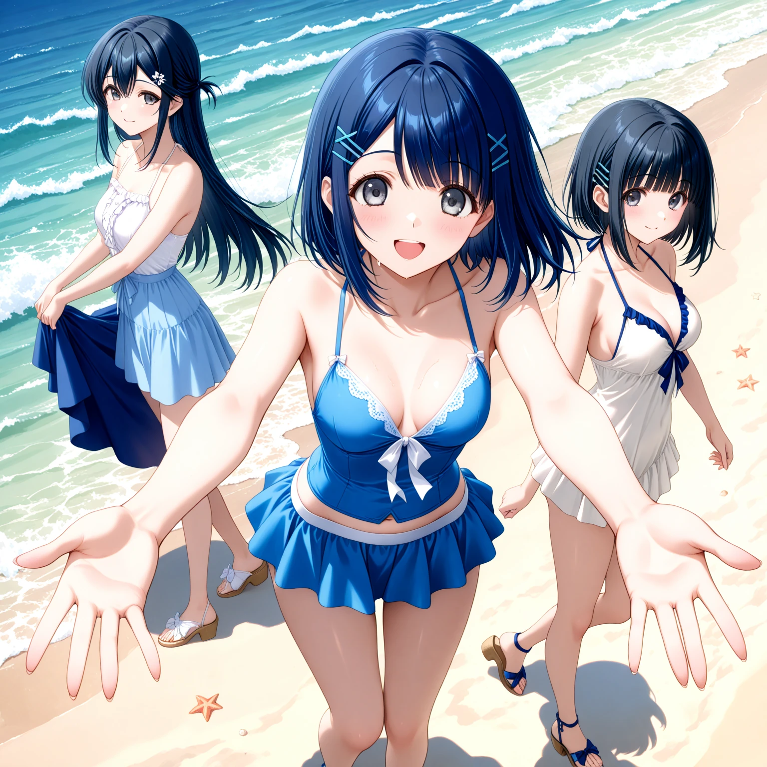 anime style, the background is the sea, girls in swimsuits are playing by the water, they are wet and glowing, wet, mature female, multiple, beach, wide shot,