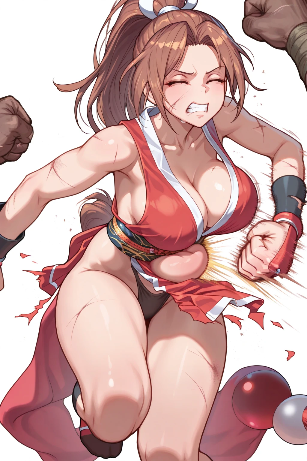 Make her suit into a one piece that is broken, fill with more of her suit