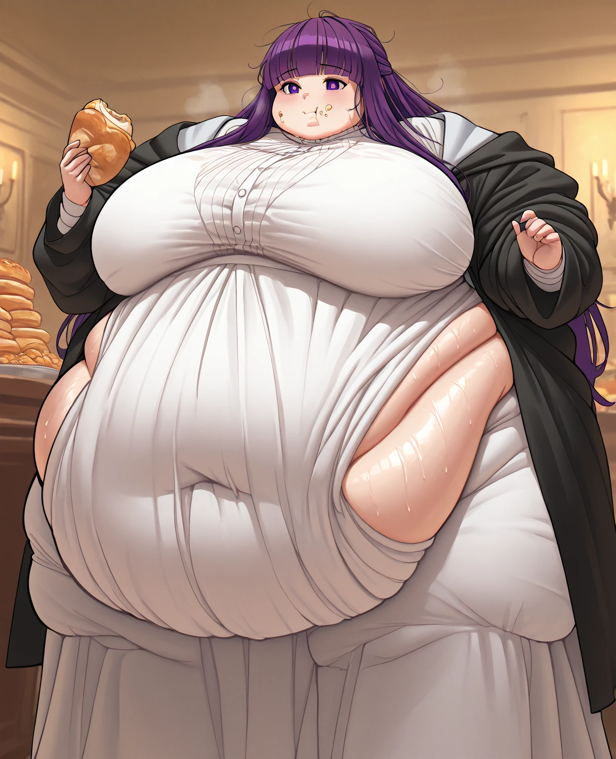 Fern, , fat, large belly, standing, grabbing belly, very fat, large stomach, chubby (best quality, masterpiece), fat belly, at, large belly, standing, grabbing belly, very fat, large stomach, chubby (best quality, masterpiece), grabbing belly, sitting down, table with of food, eating cream