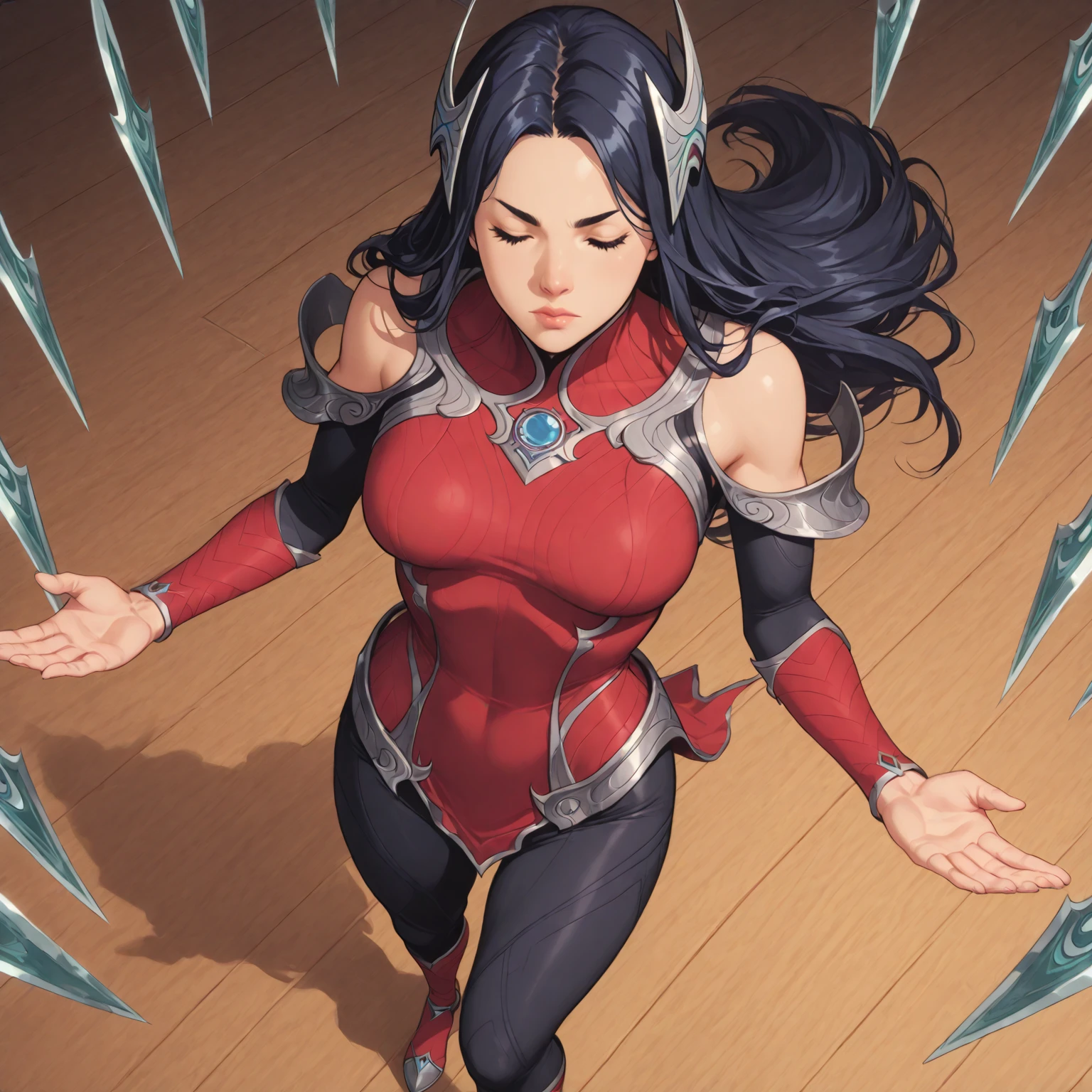 1girl,mature female,30s,sensual,black langerie,cleavage,medusa hair,pointy ears,black hair,long hair,((red skin,colored skin)),night,moon,floating,evil smile,dynamic pose,demon girl