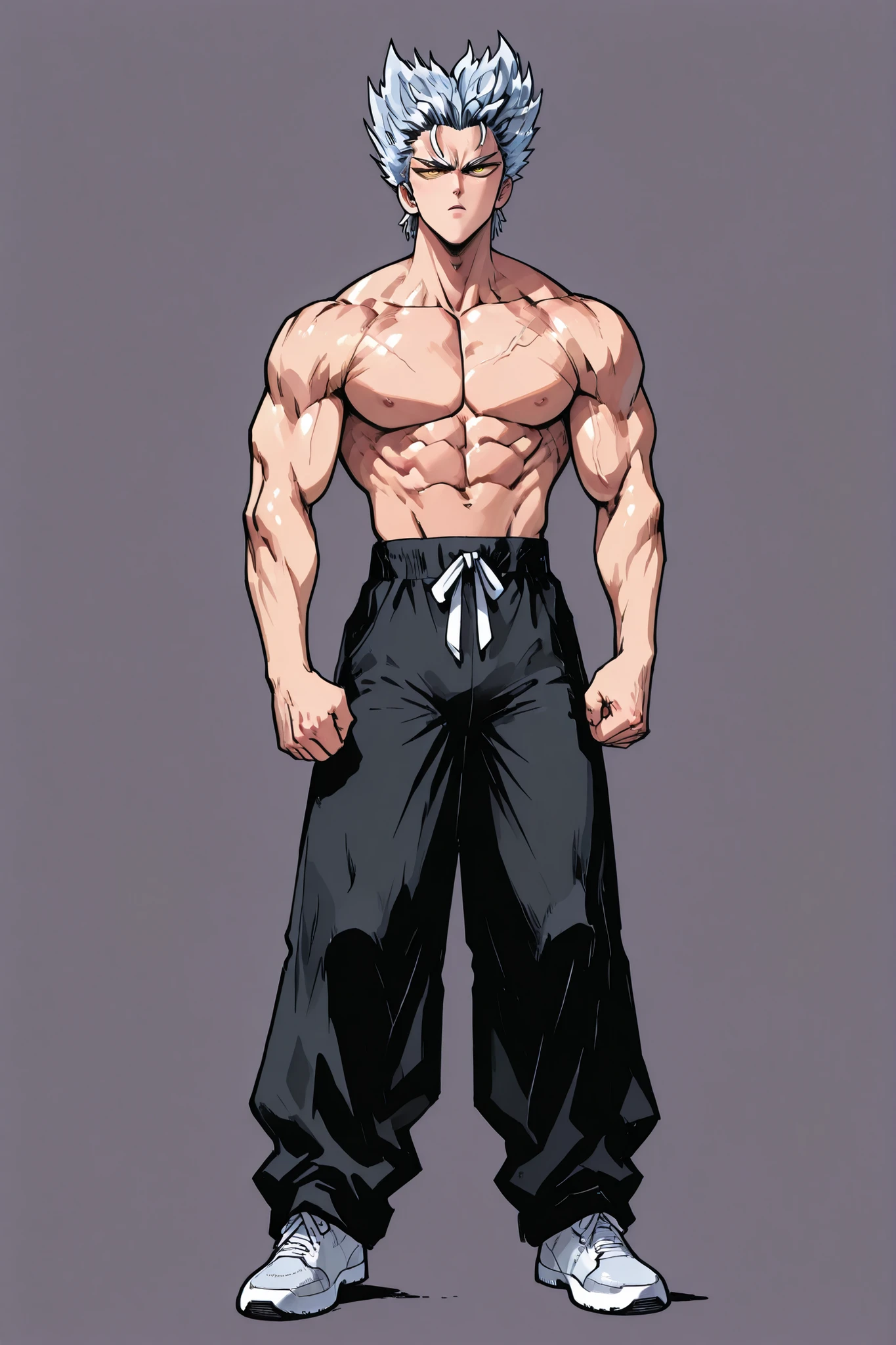 One Punch Man [Garou] illustration,Silver Hair,Silver eyebrows,yellow eyes,full body,Original Style, guy,adult, clean background ,adult,Created based on a lean muscular body